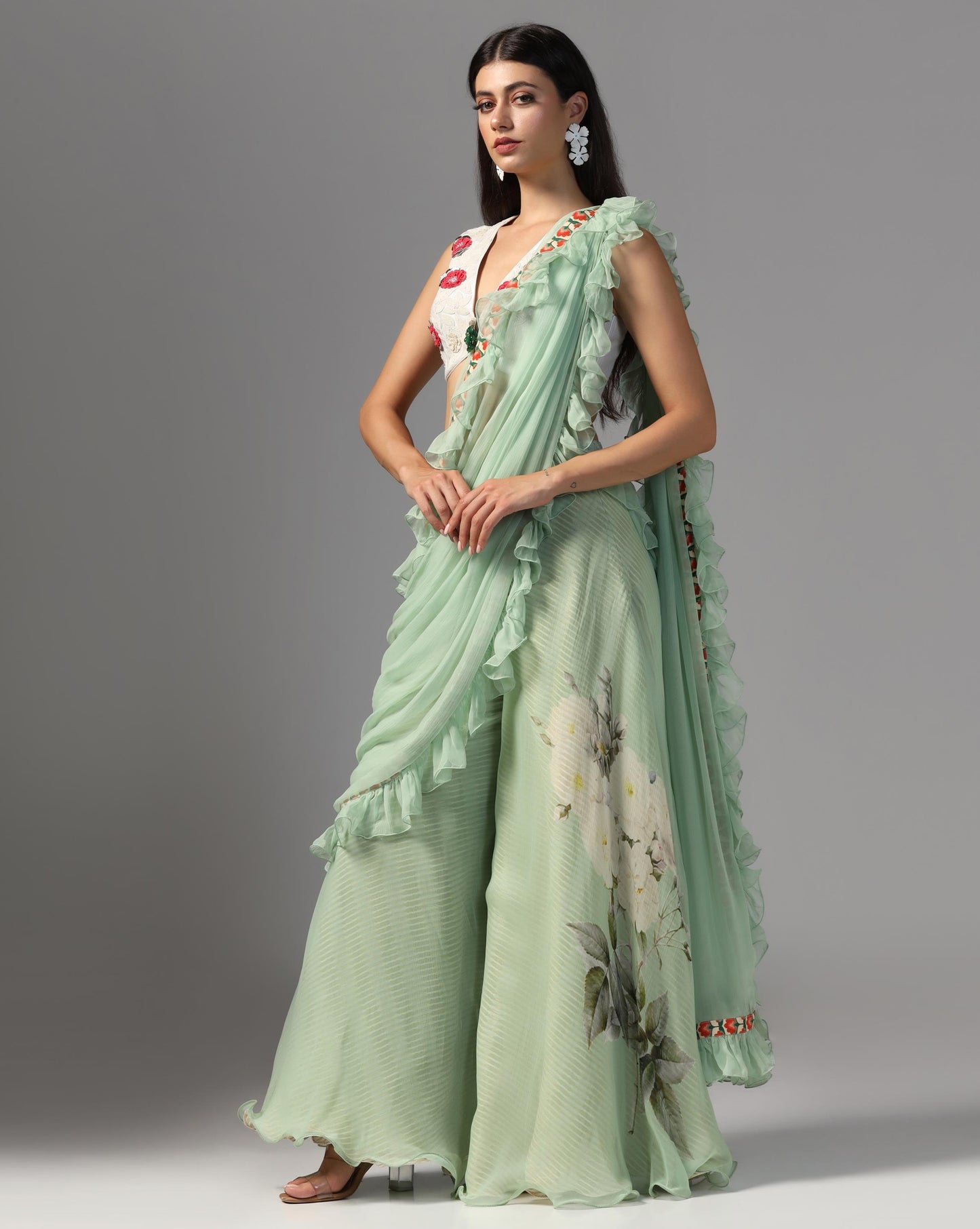 Jade Garden Ruffle Sharara-Sari Set
