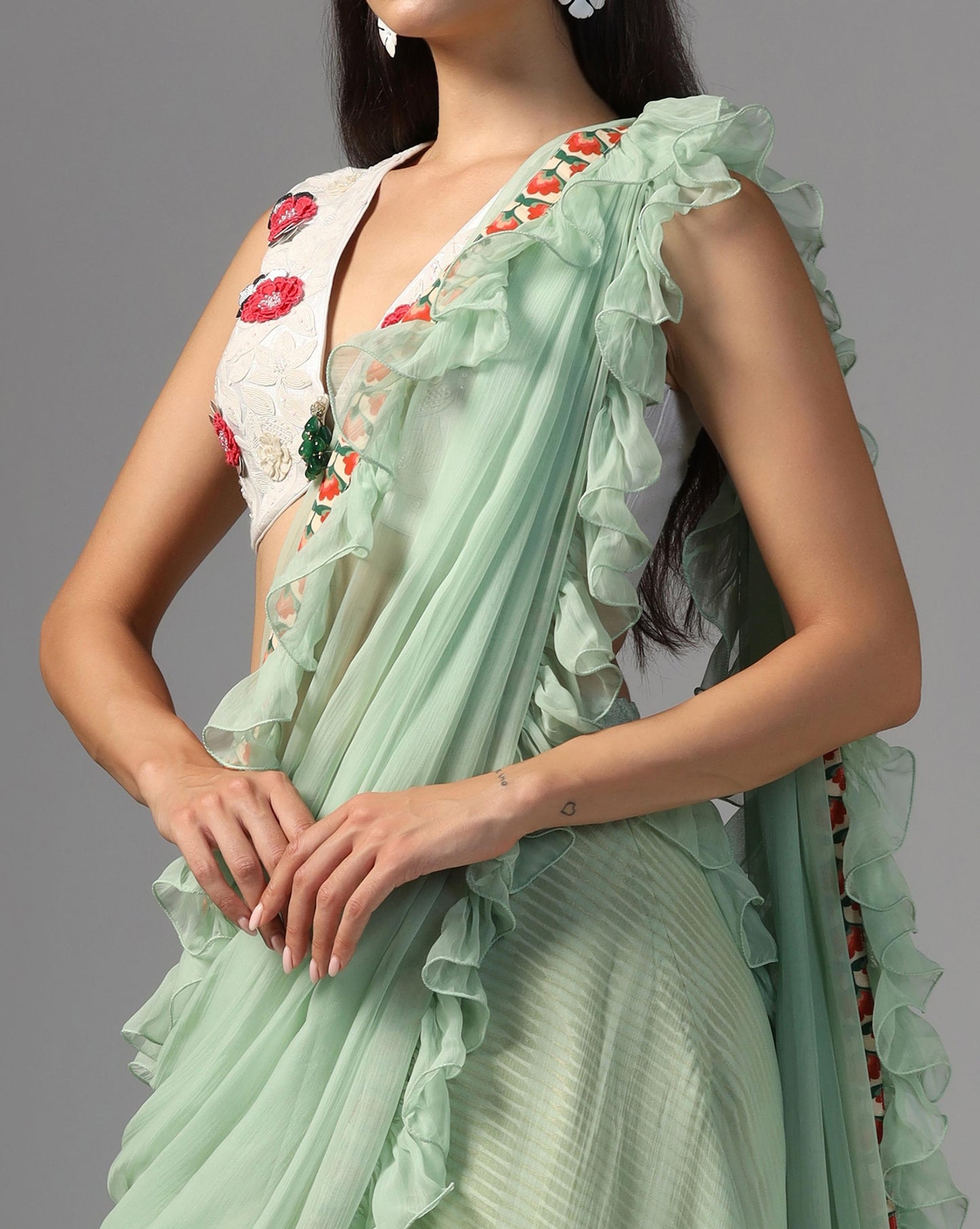 Jade Garden Ruffle Sharara-Sari Set