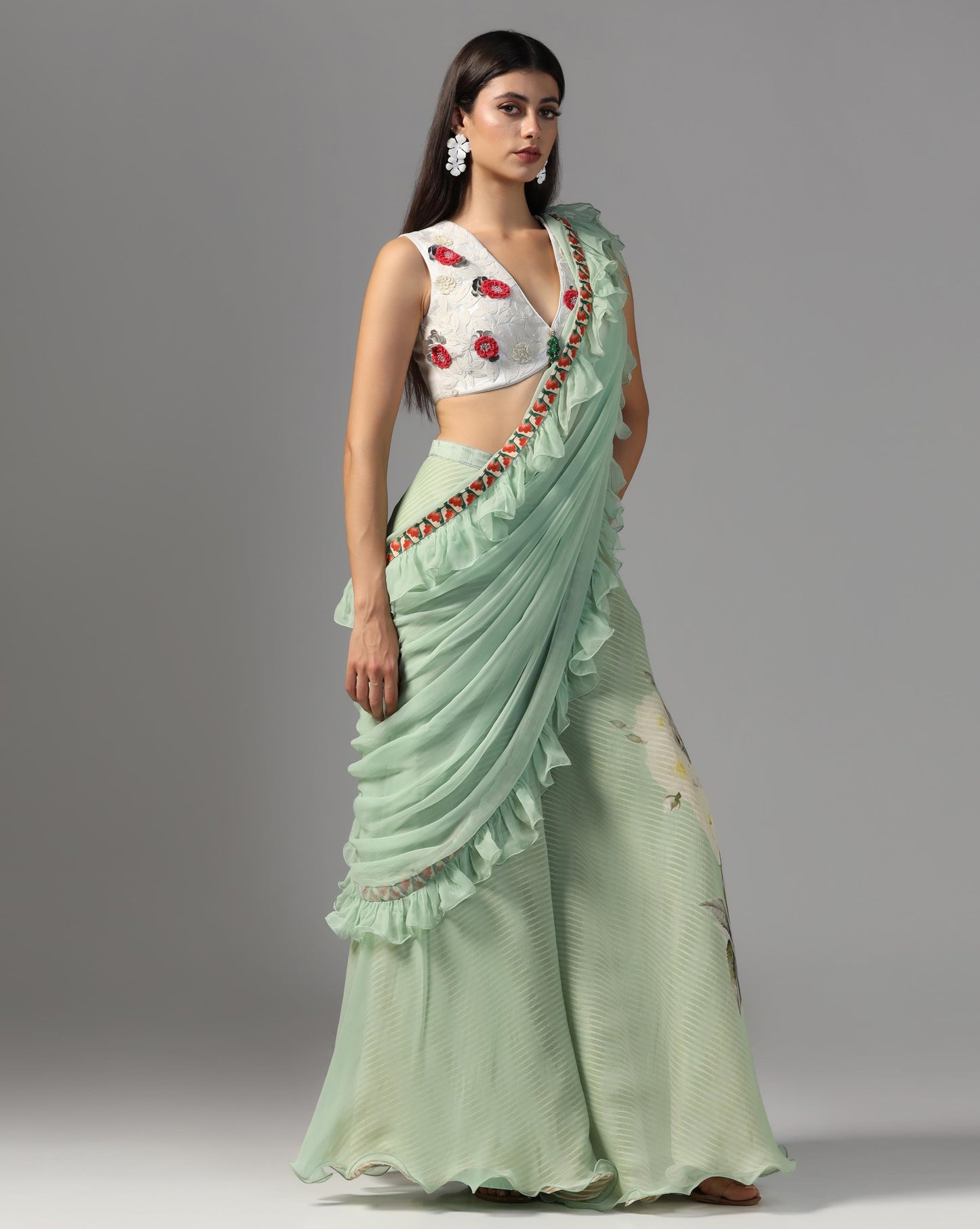Jade Garden Ruffle Sharara-Sari Set