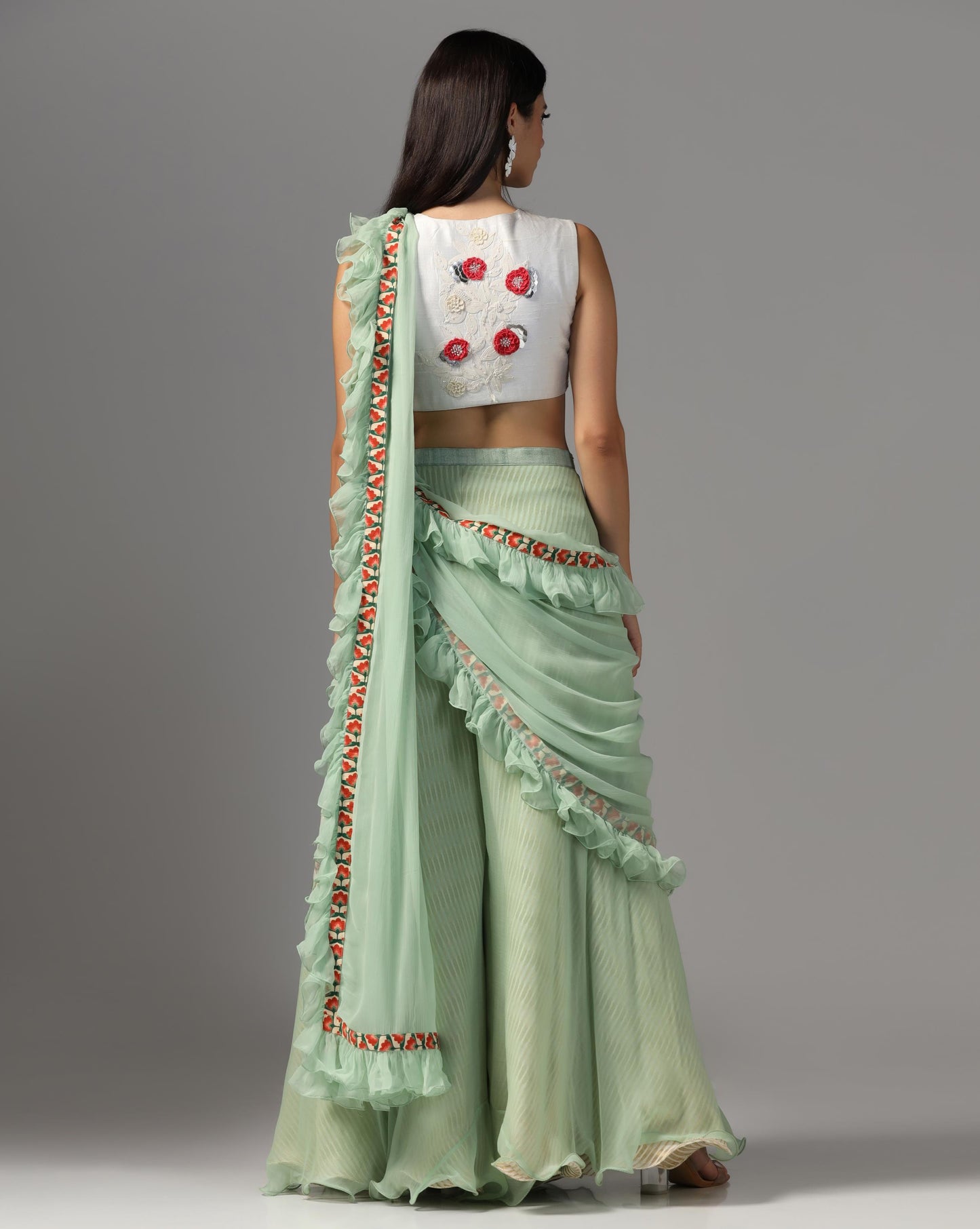 Jade Garden Ruffle Sharara-Sari Set