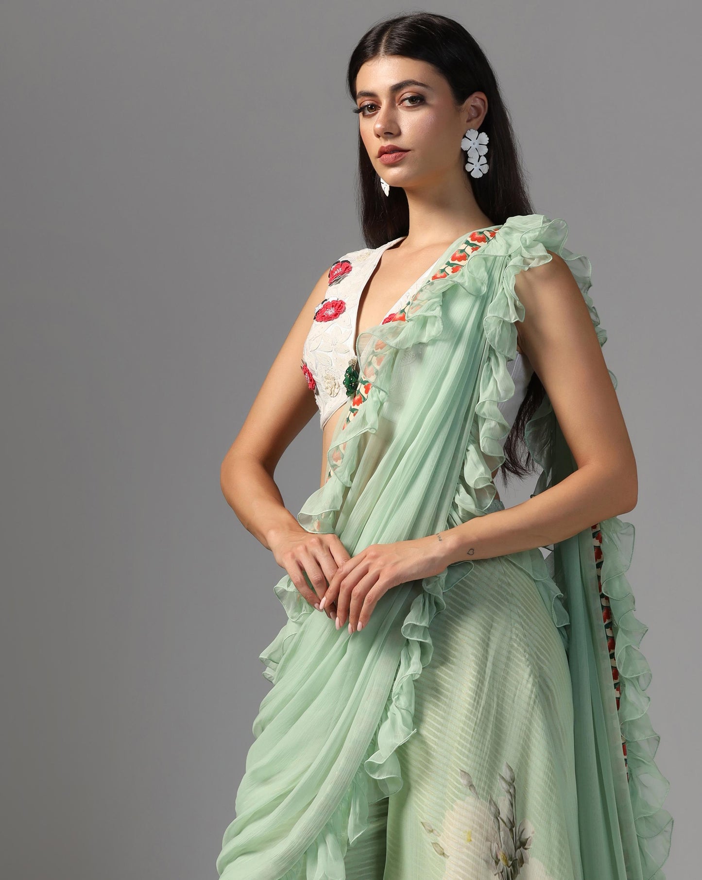 Jade Garden Ruffle Sharara-Sari Set