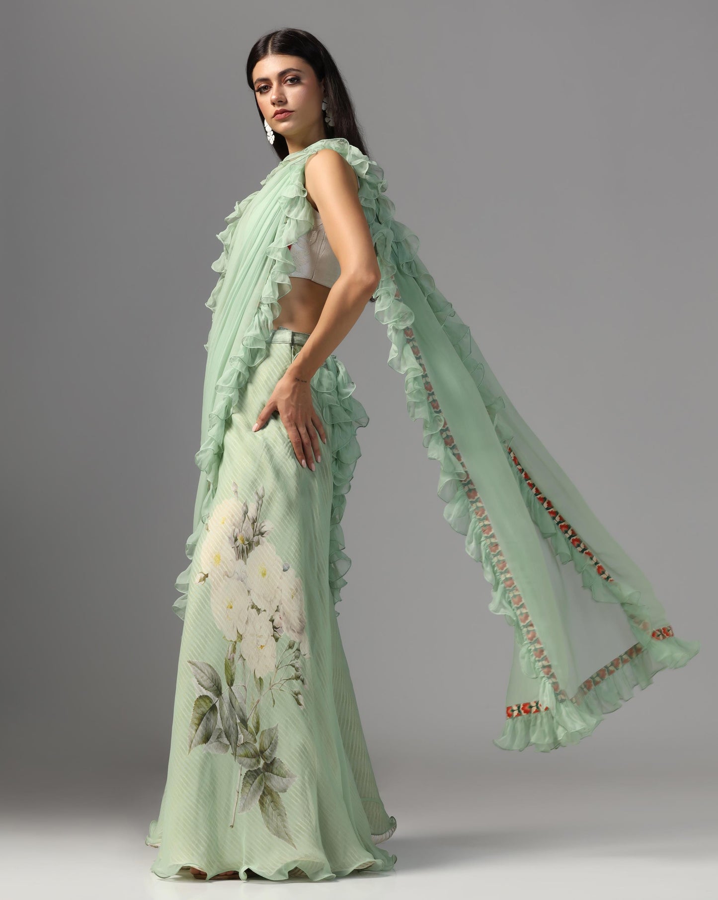 Jade Garden Ruffle Sharara-Sari Set