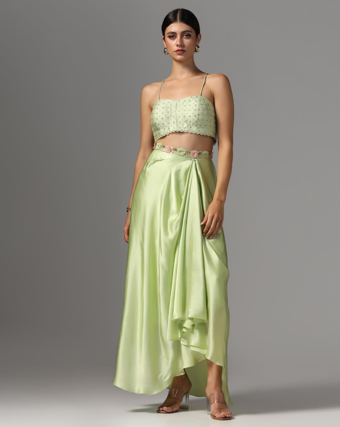 Pistachio Bloom Embroidered Cape Set