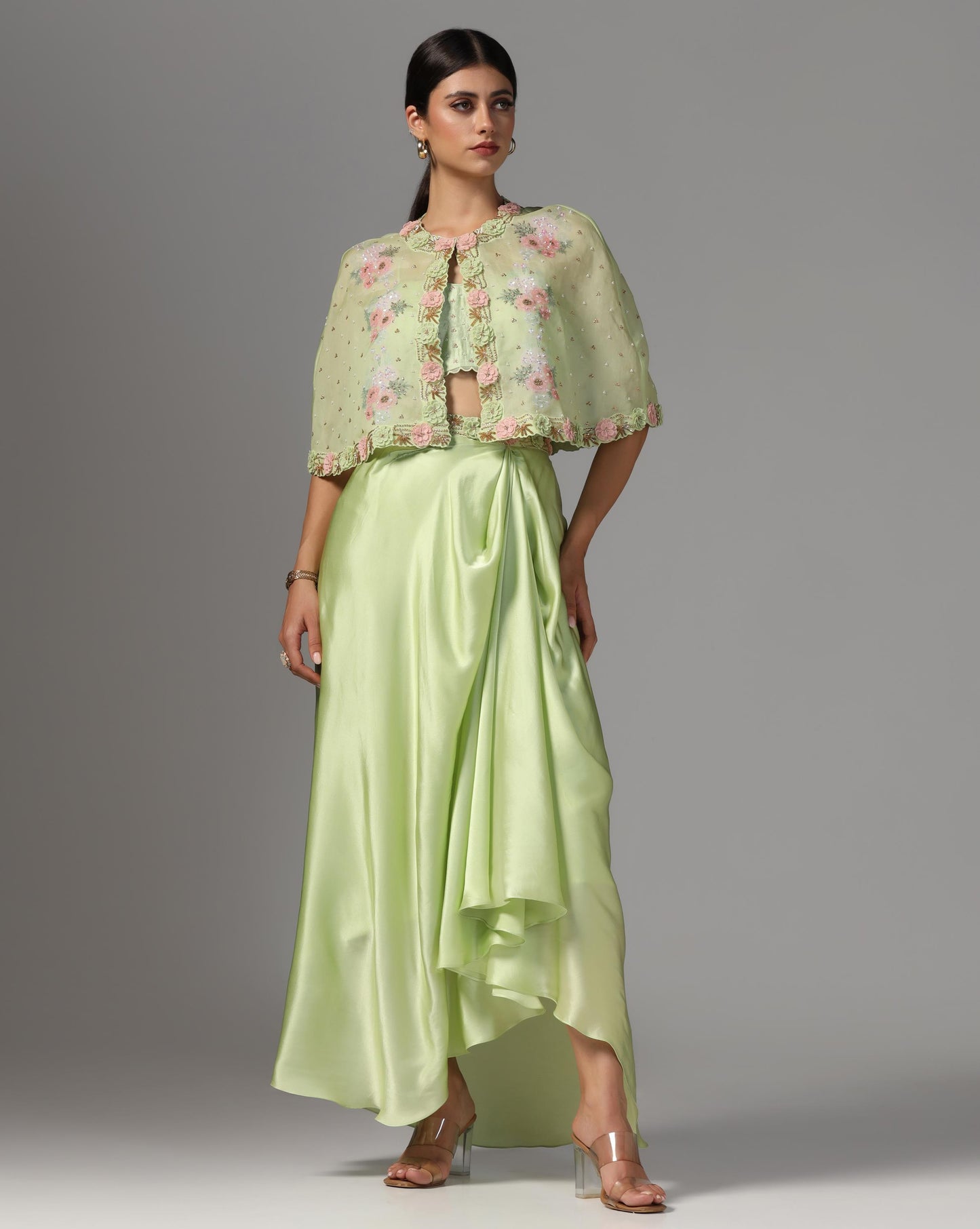 Pistachio Bloom Embroidered Cape Set