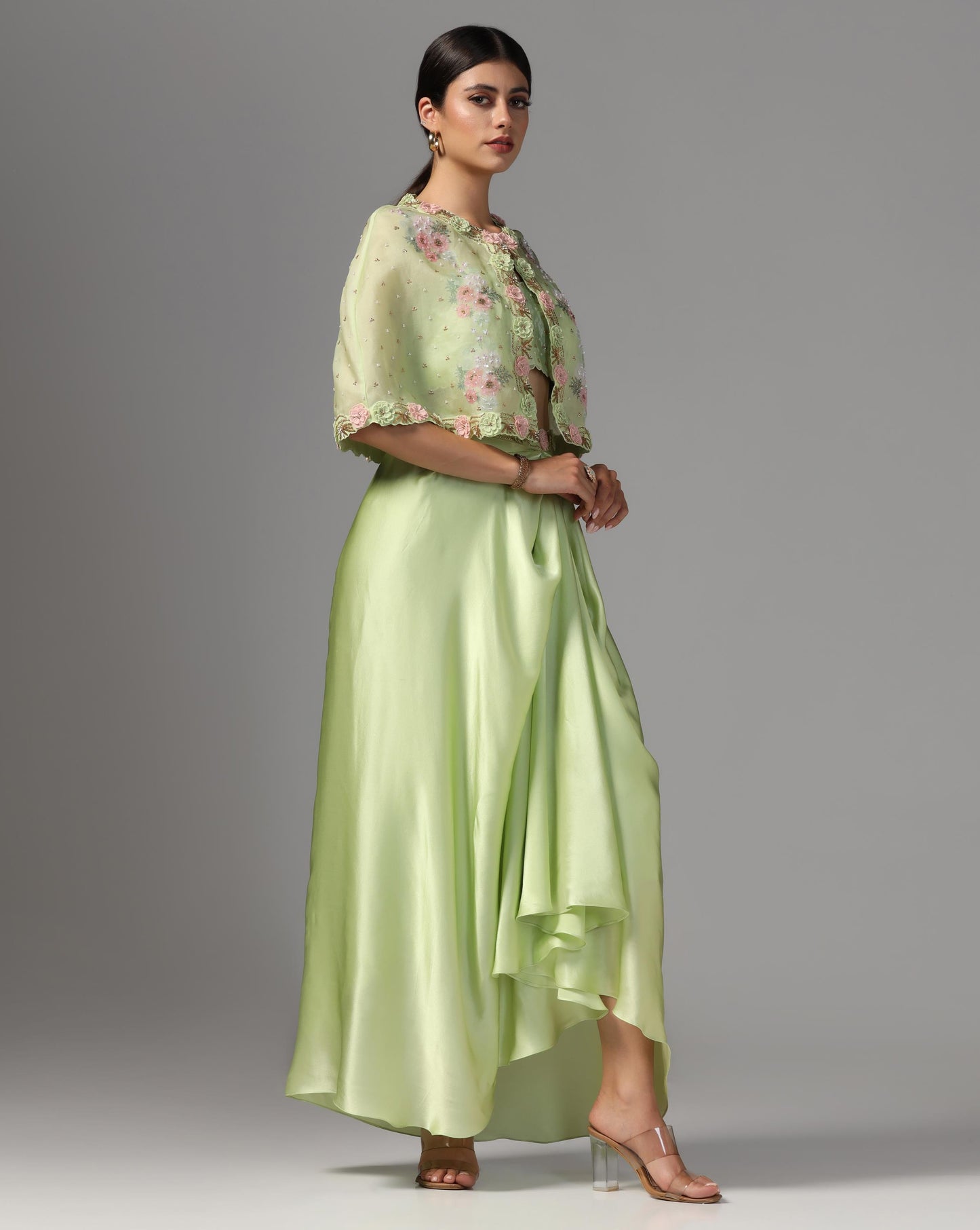 Pistachio Bloom Embroidered Cape Set