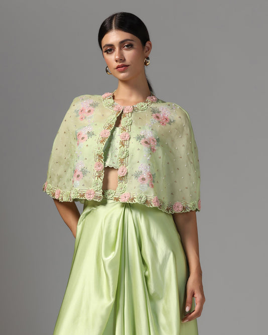Pistachio Bloom Embroidered Cape Set