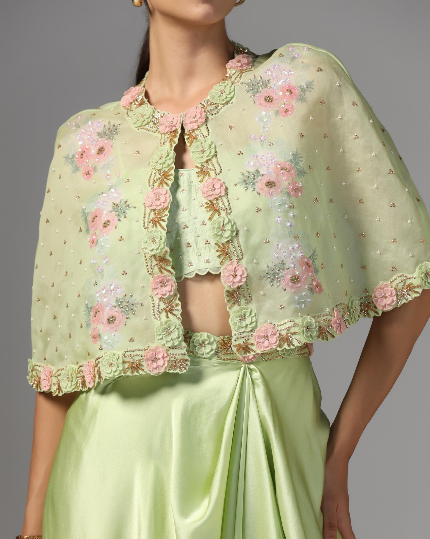 Pistachio Bloom Embroidered Cape Set