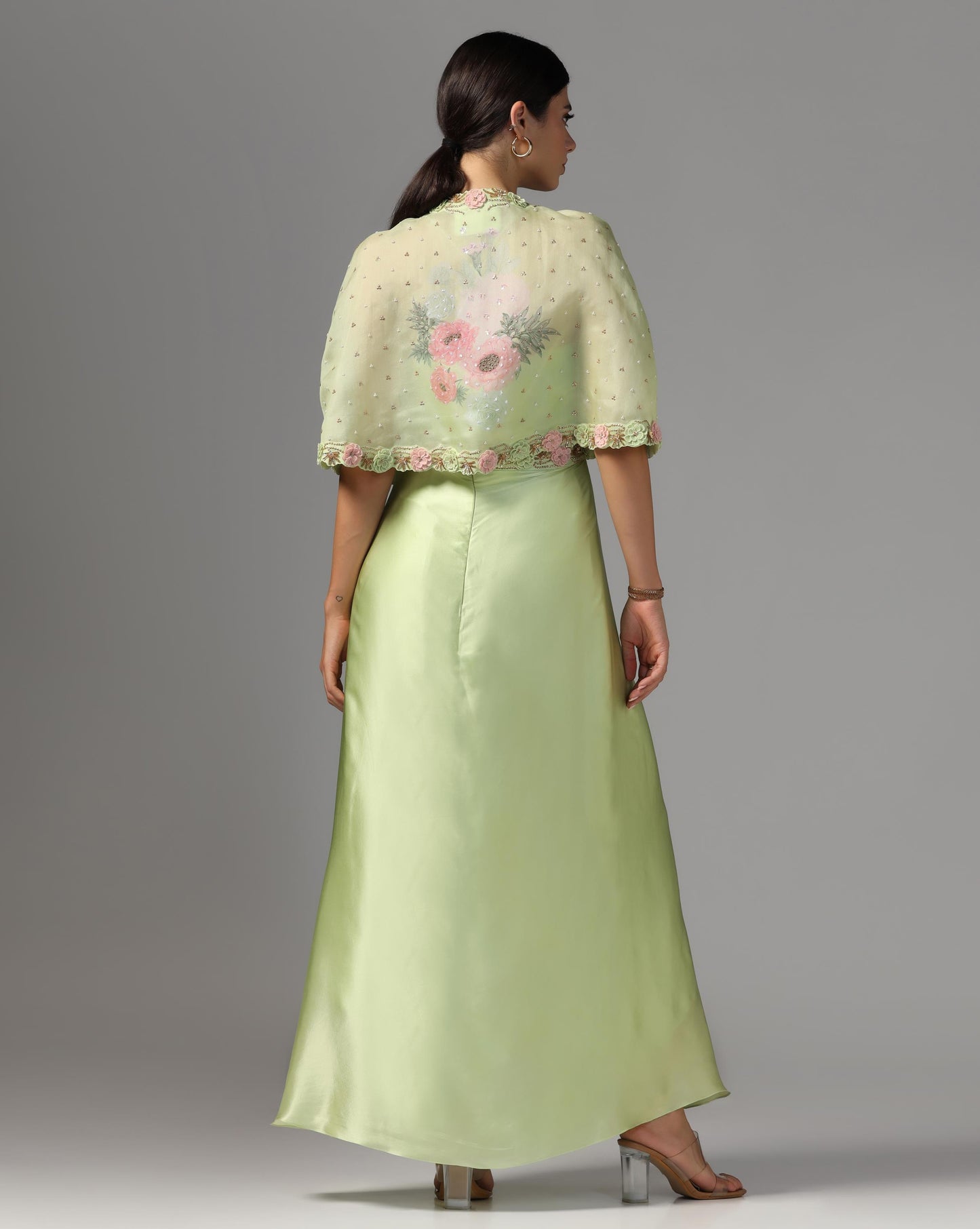 Pistachio Bloom Embroidered Cape Set