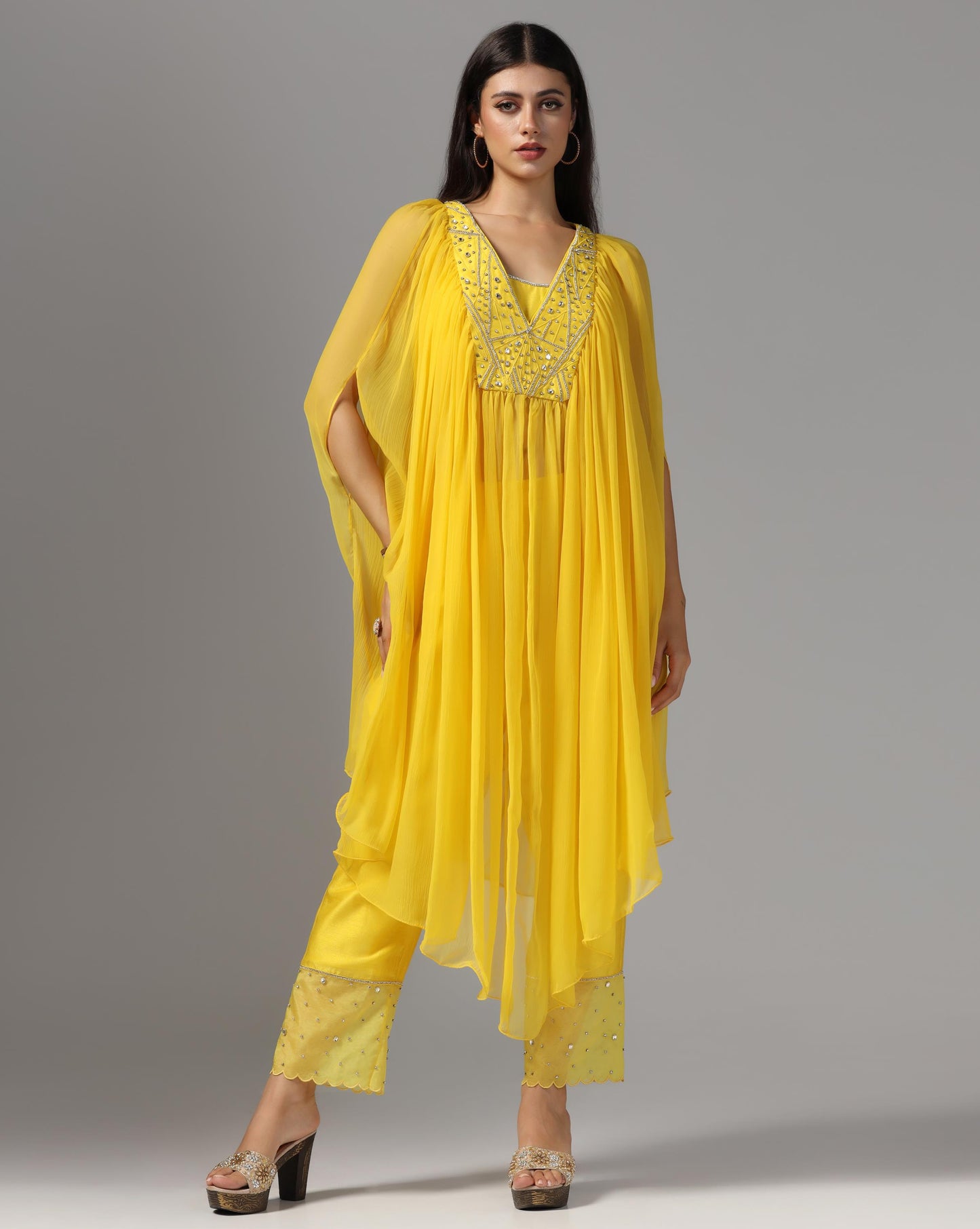 Saffron Sun-Drenched Cape & Scalloped Trouser Set