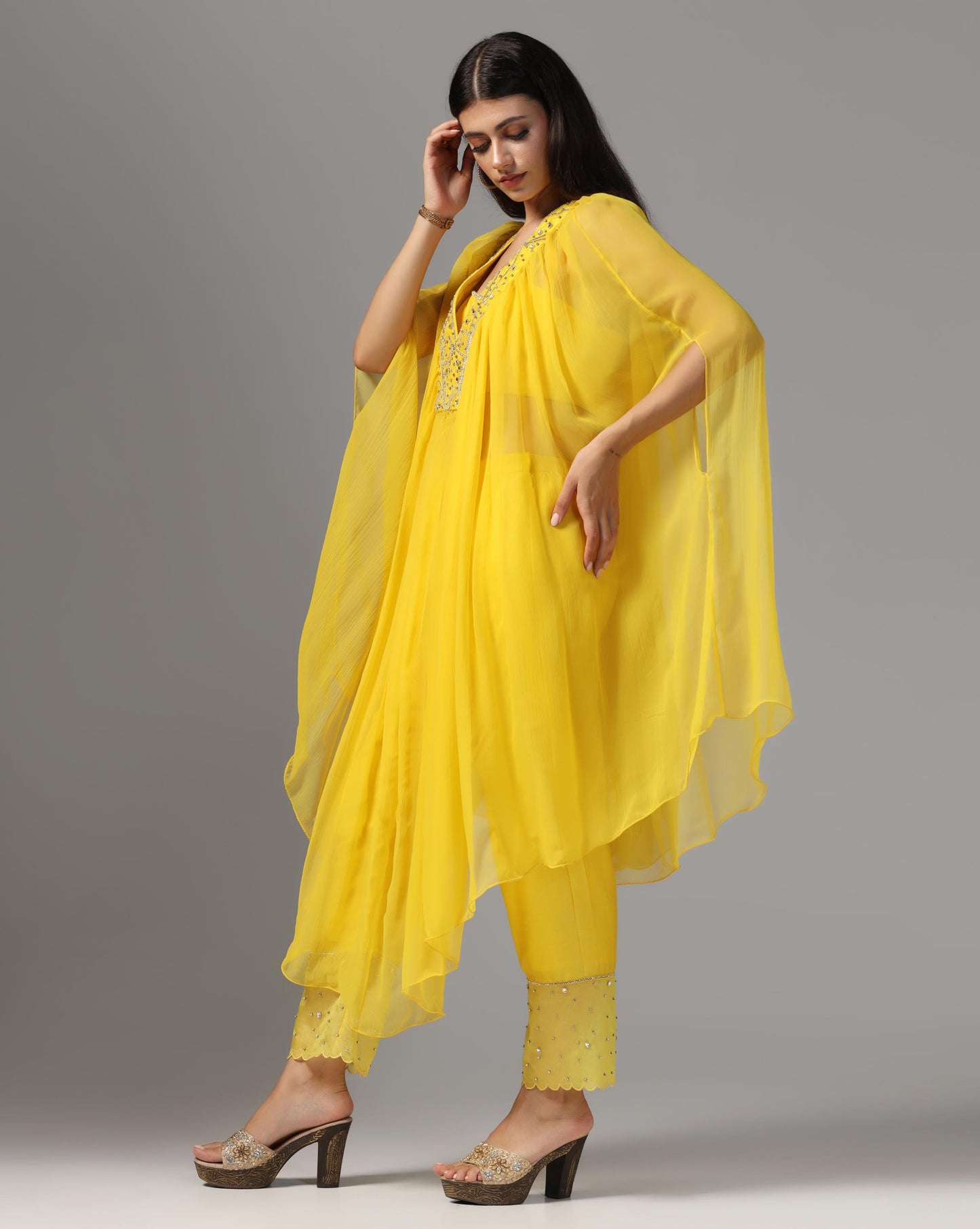 Saffron Sun-Drenched Cape & Scalloped Trouser Set