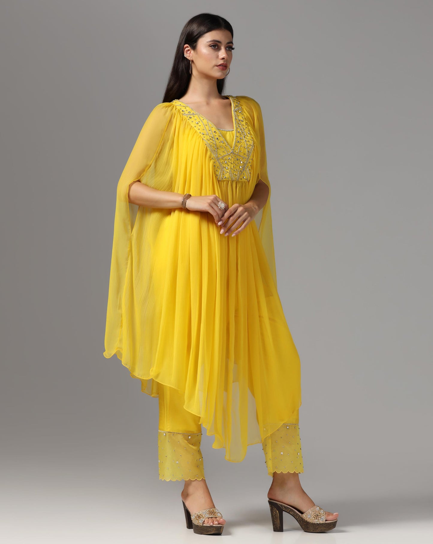 Saffron Sun-Drenched Cape & Scalloped Trouser Set