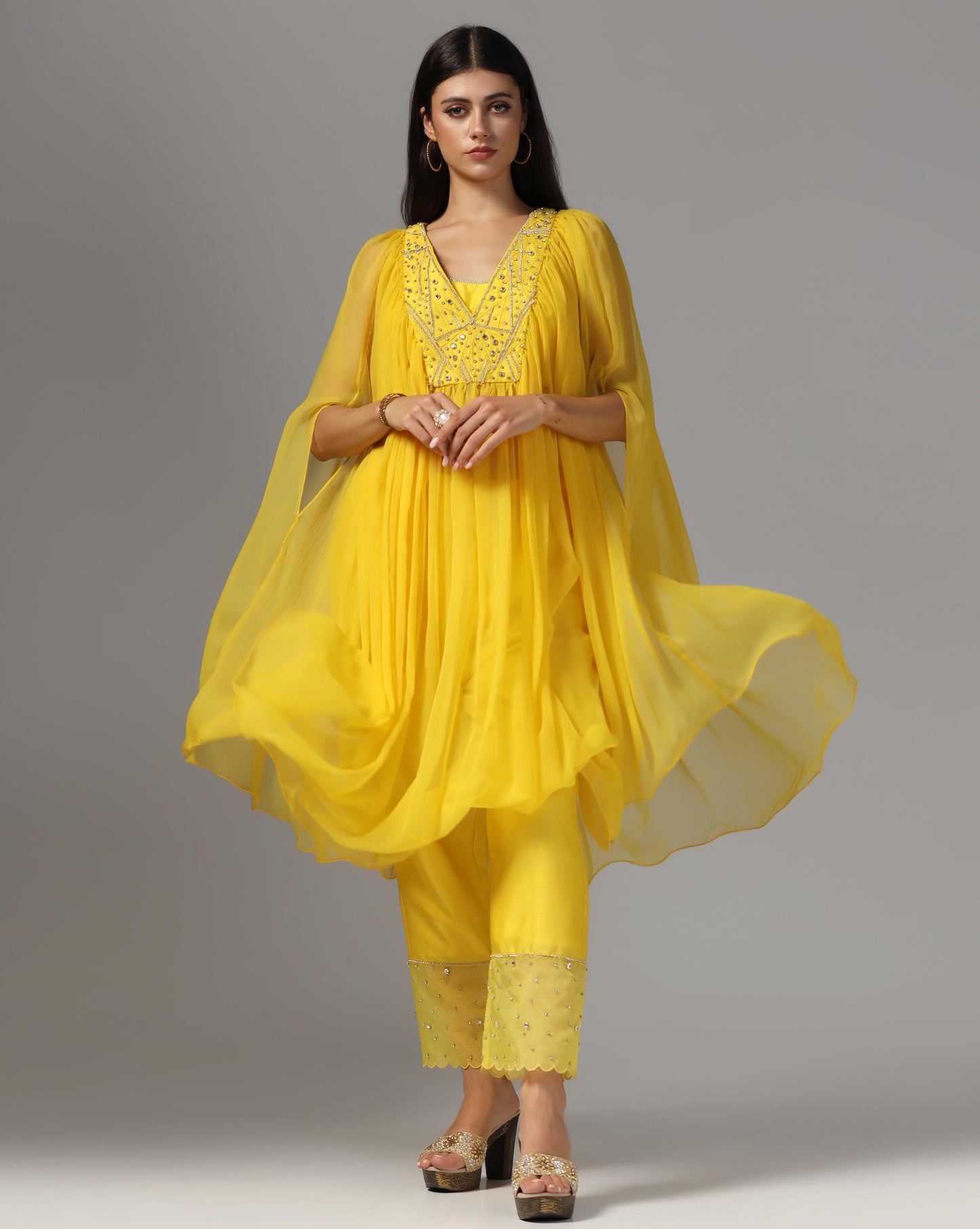 Saffron Sun-Drenched Cape & Scalloped Trouser Set