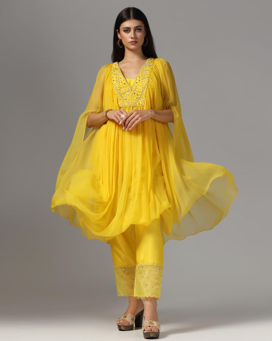 Saffron Sun-Drenched Cape & Scalloped Trouser Set
