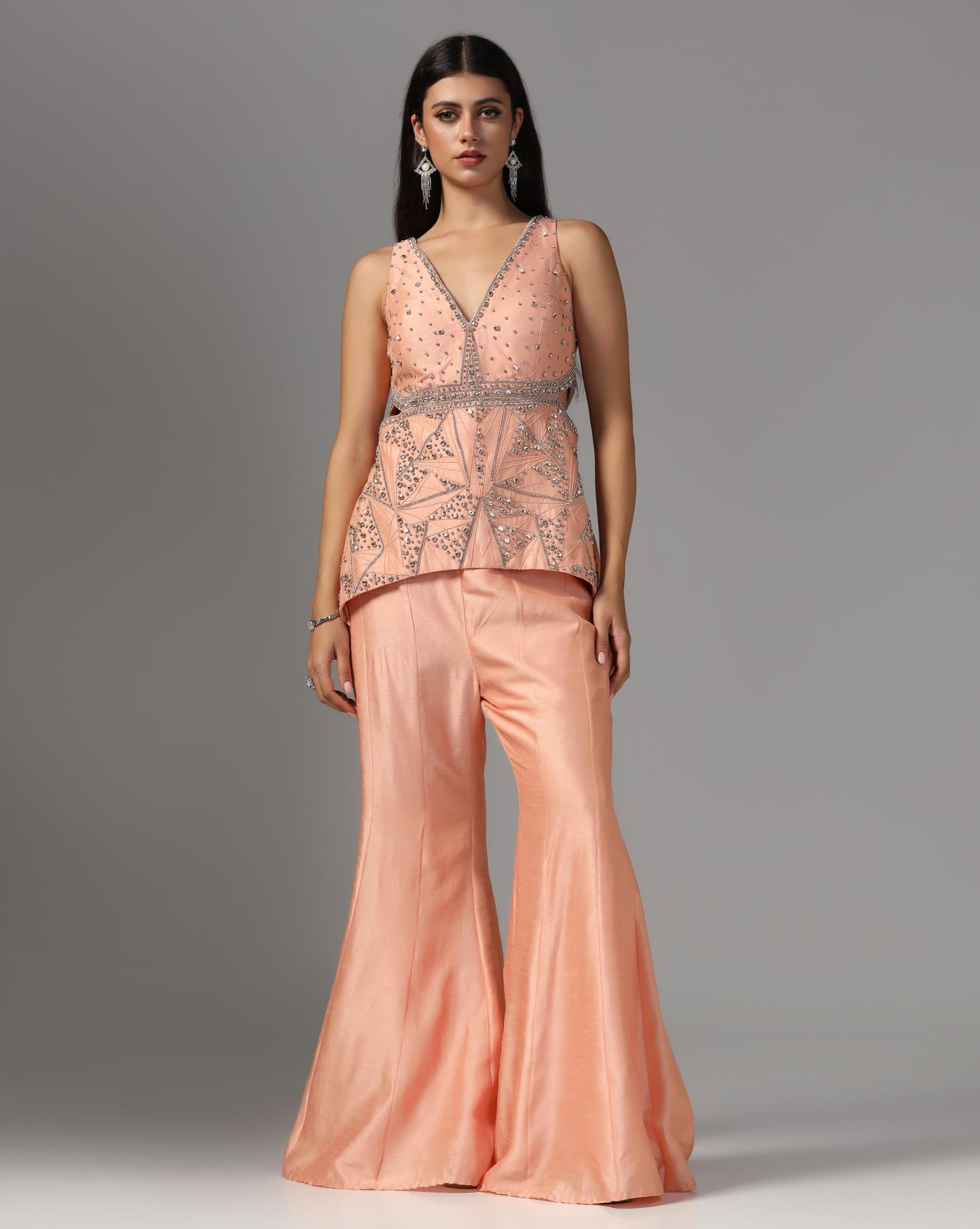 Peach Nectar Geometric Peplum & Flare Set