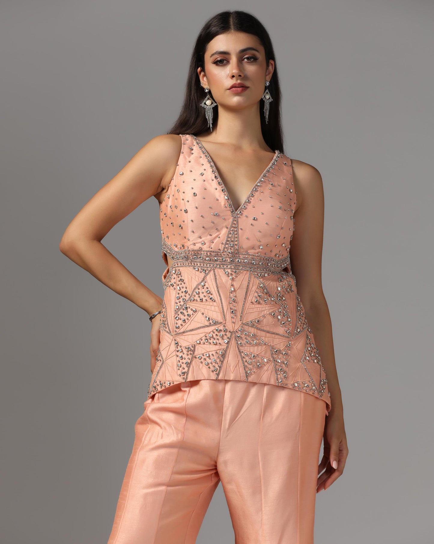 Peach Nectar Geometric Peplum & Flare Set
