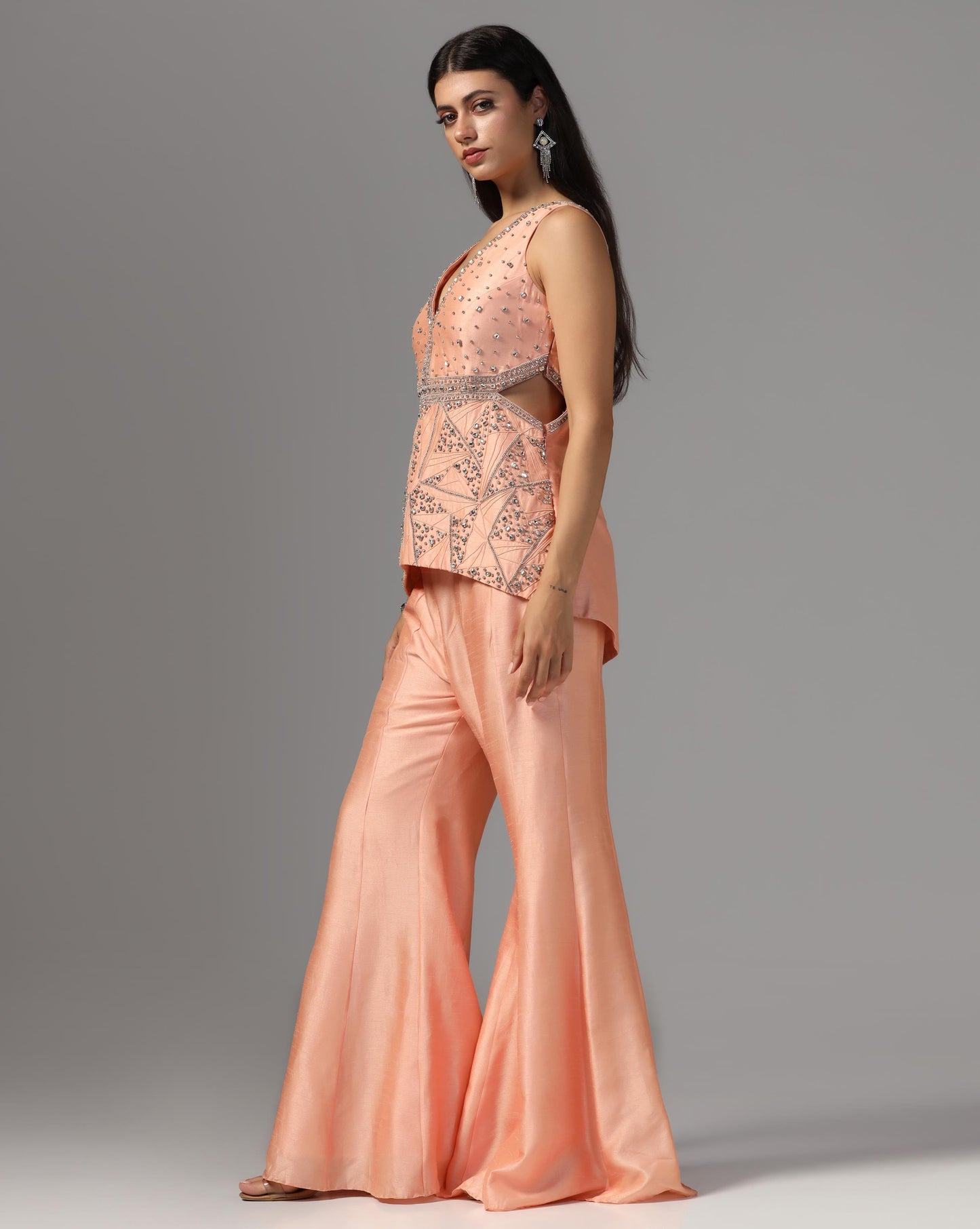 Peach Nectar Geometric Peplum & Flare Set