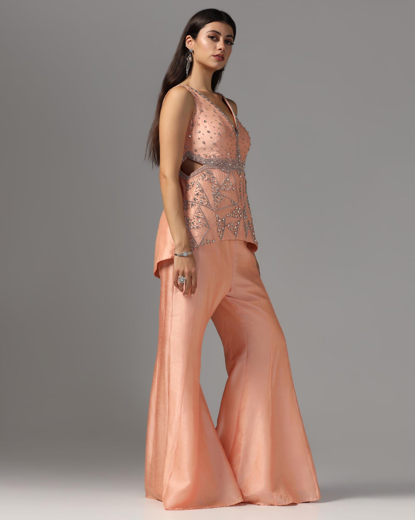 Peach Nectar Geometric Peplum & Flare Set
