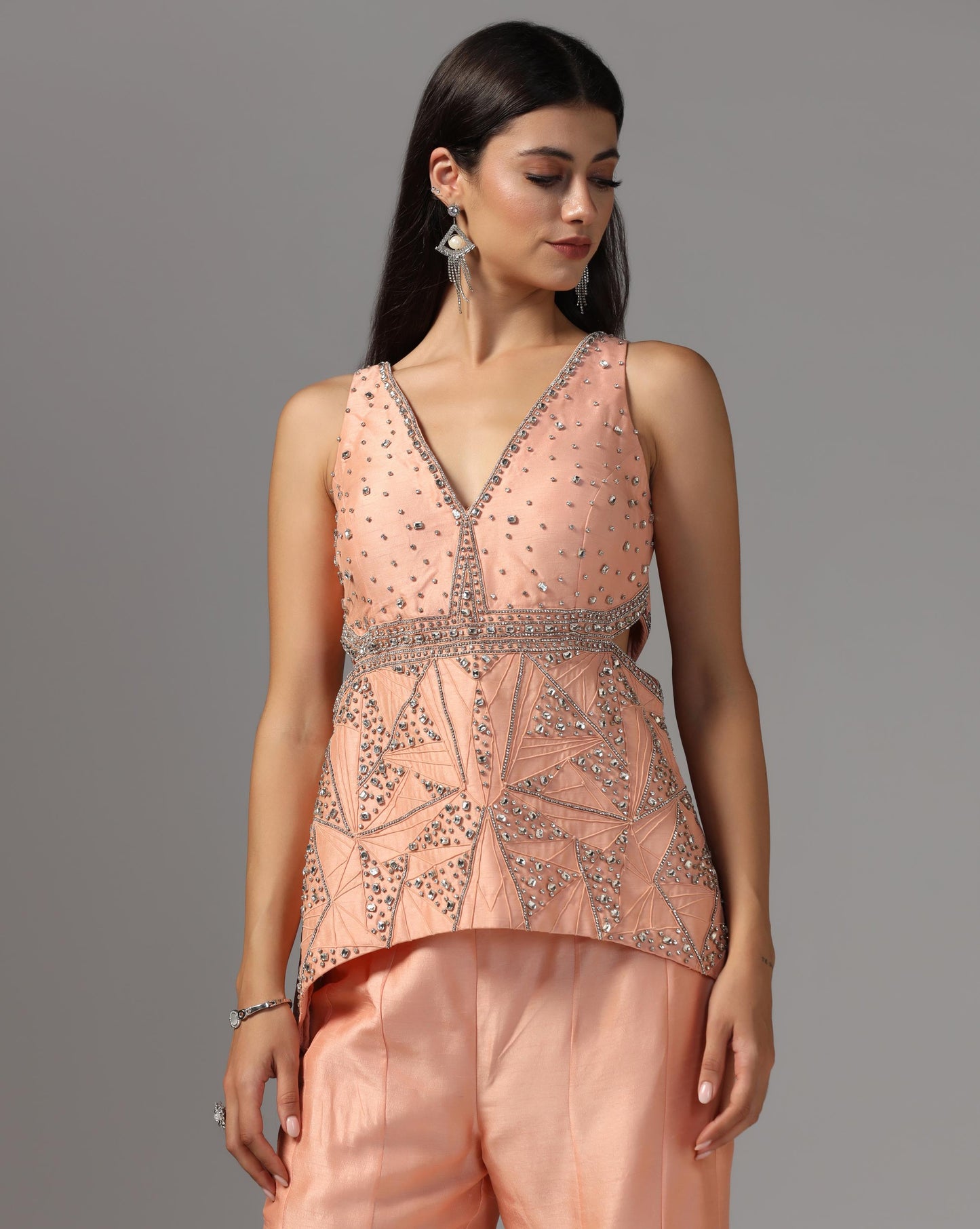 Peach Nectar Geometric Peplum & Flare Set