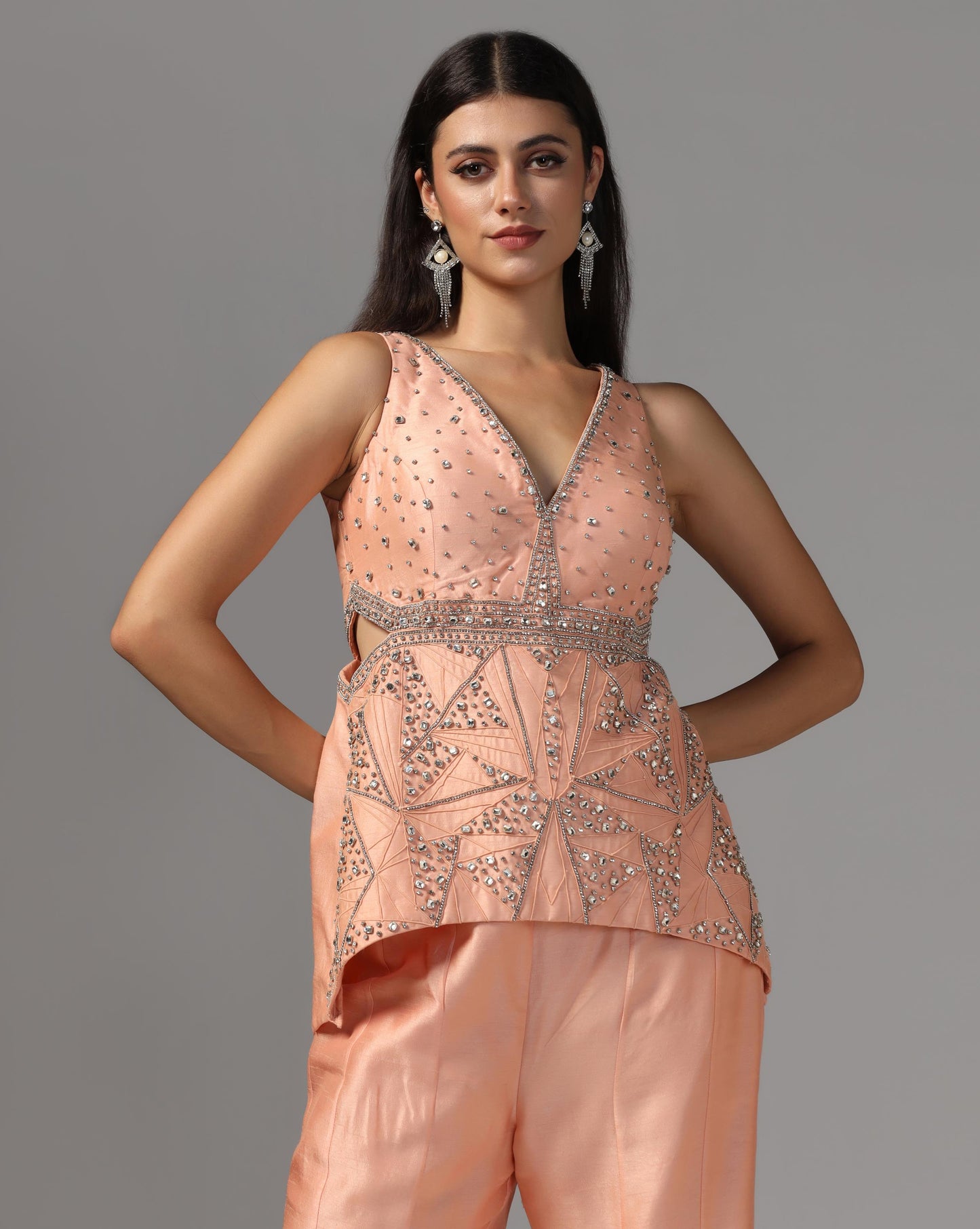 Peach Nectar Geometric Peplum & Flare Set