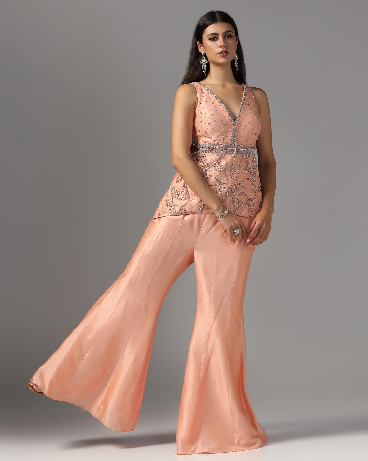 Peach Nectar Geometric Peplum & Flare Set