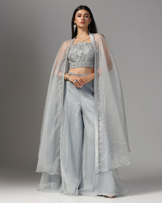 Silver Frost Organza Cape & Palazzo Set