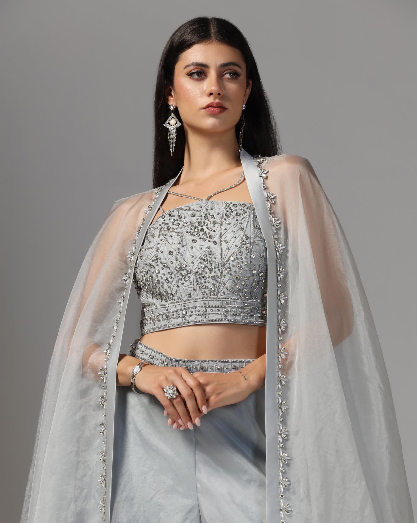 Silver Frost Organza Cape & Palazzo Set