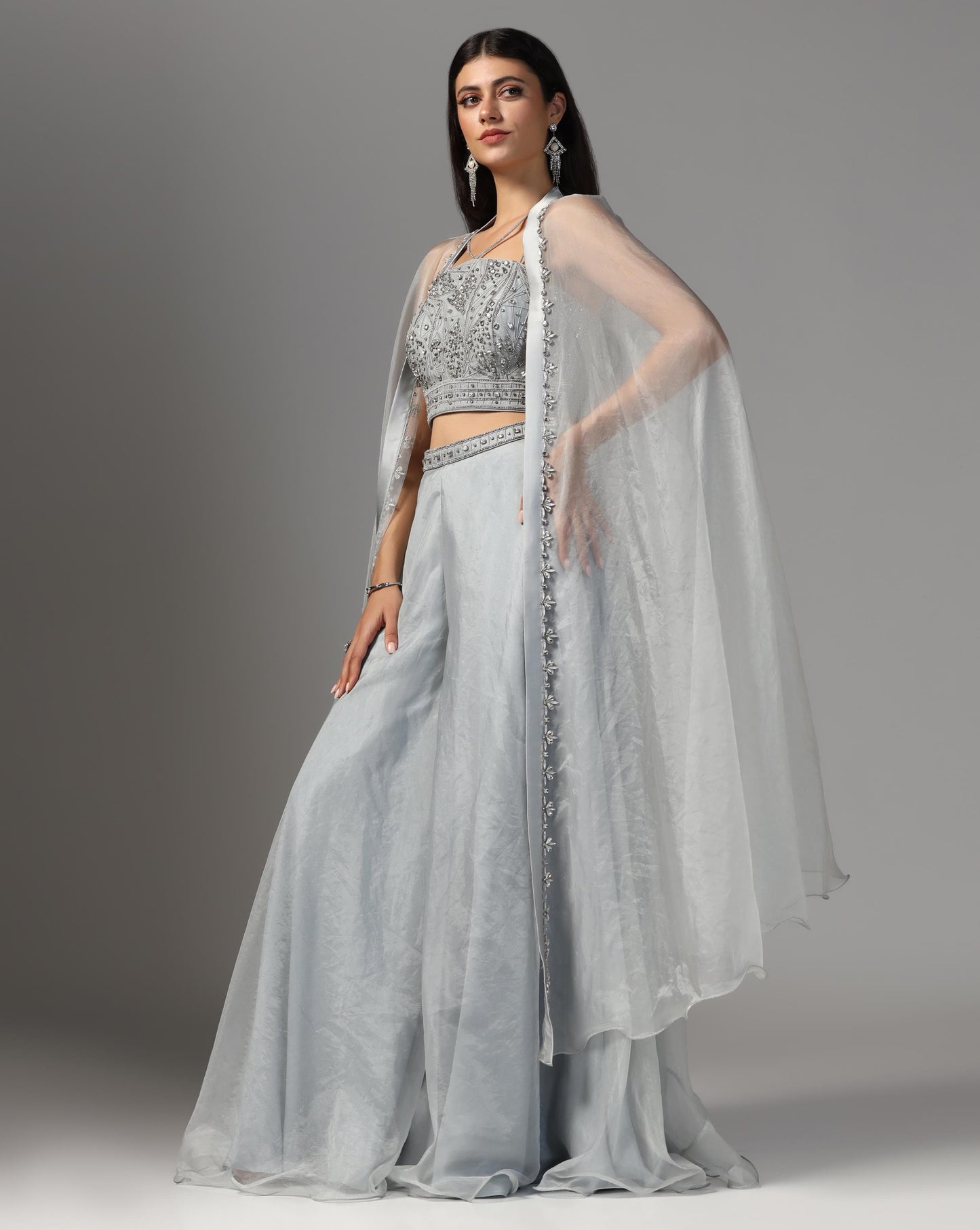 Silver Frost Organza Cape & Palazzo Set