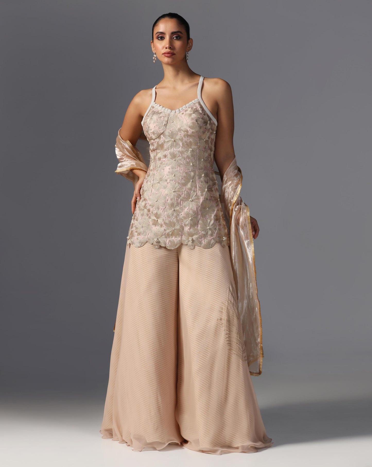 Champagne Bloom Sharara Set  Description: