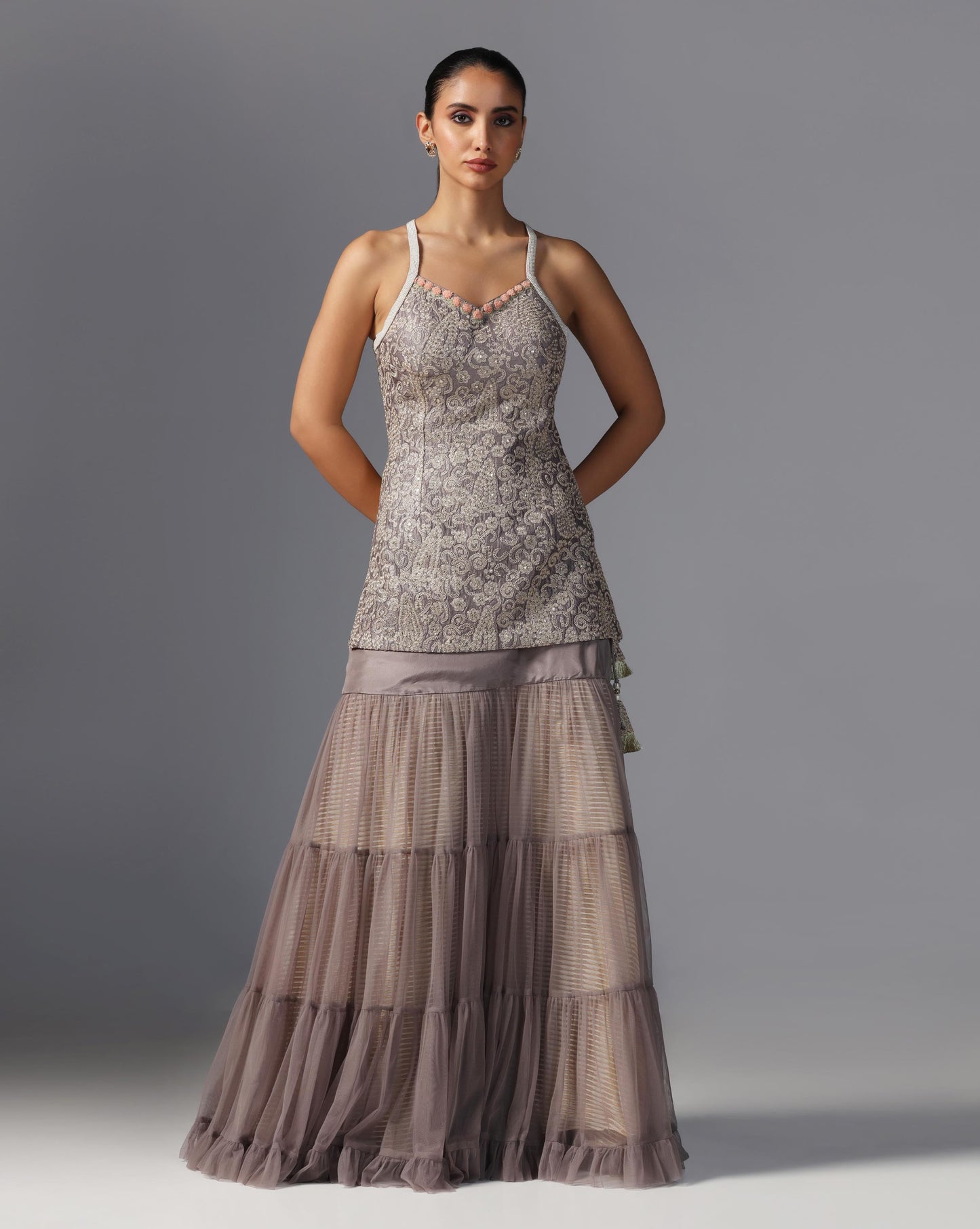 Smoky Taupe Tiered Lehenga Set  Description: