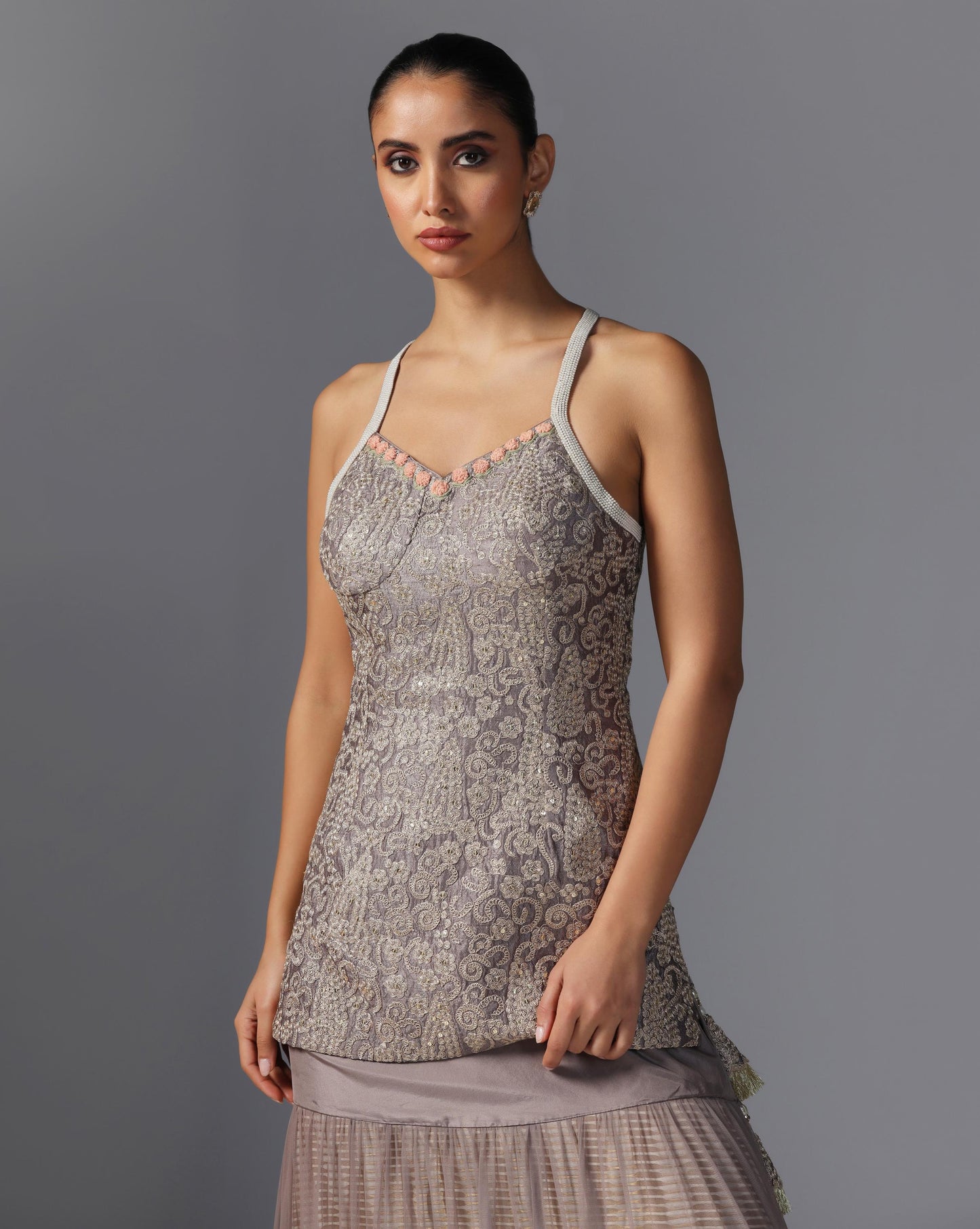 Smoky Taupe Tiered Lehenga Set  Description: