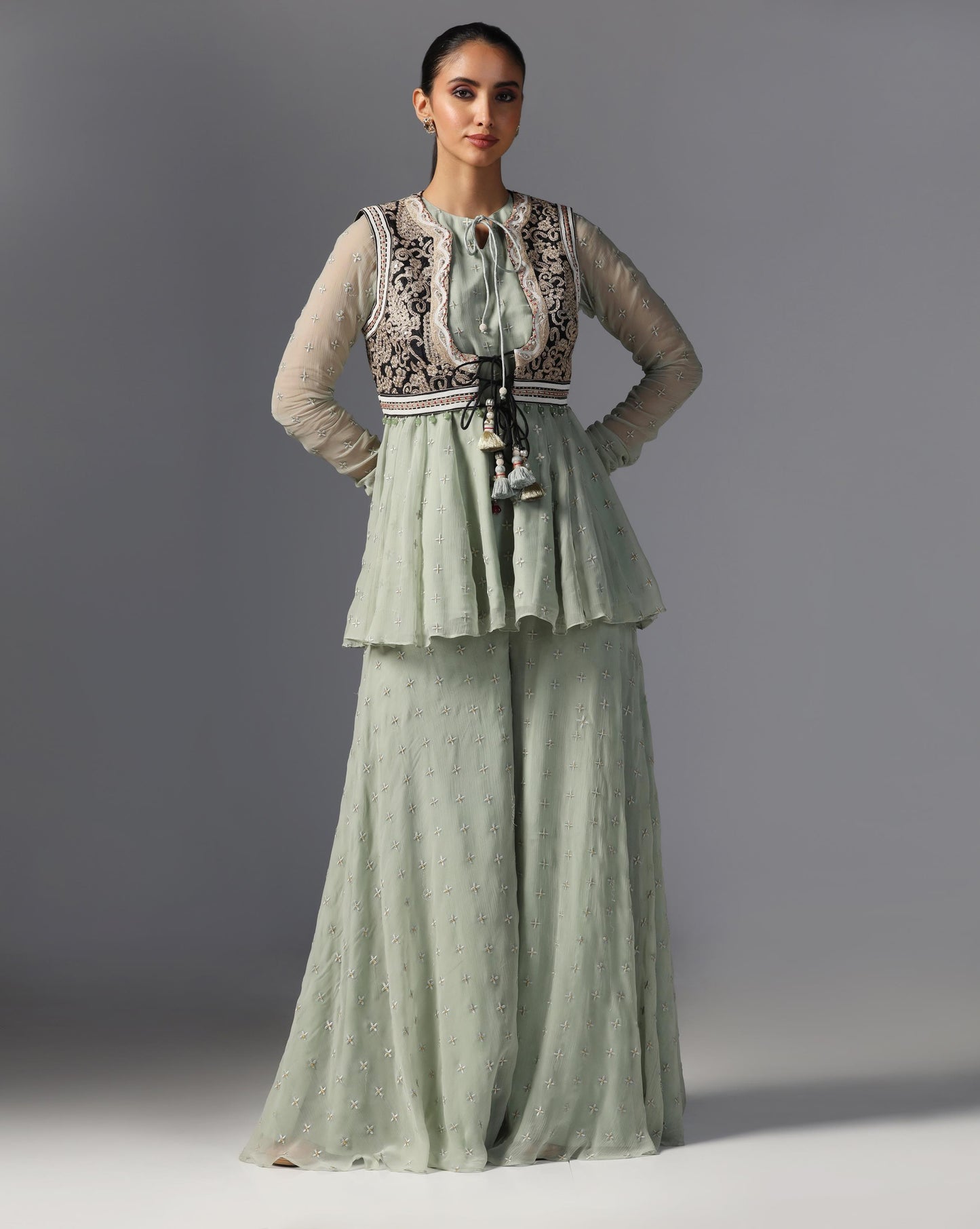 Sage Noir Peplum Sharara Set
