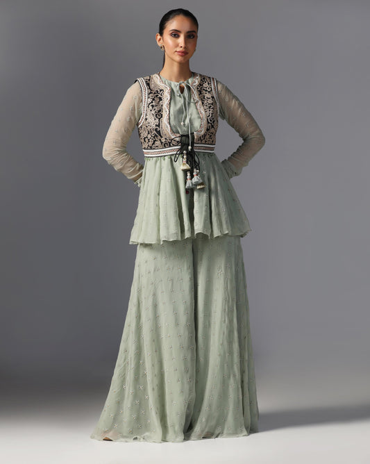 Sage Noir Peplum Sharara Set