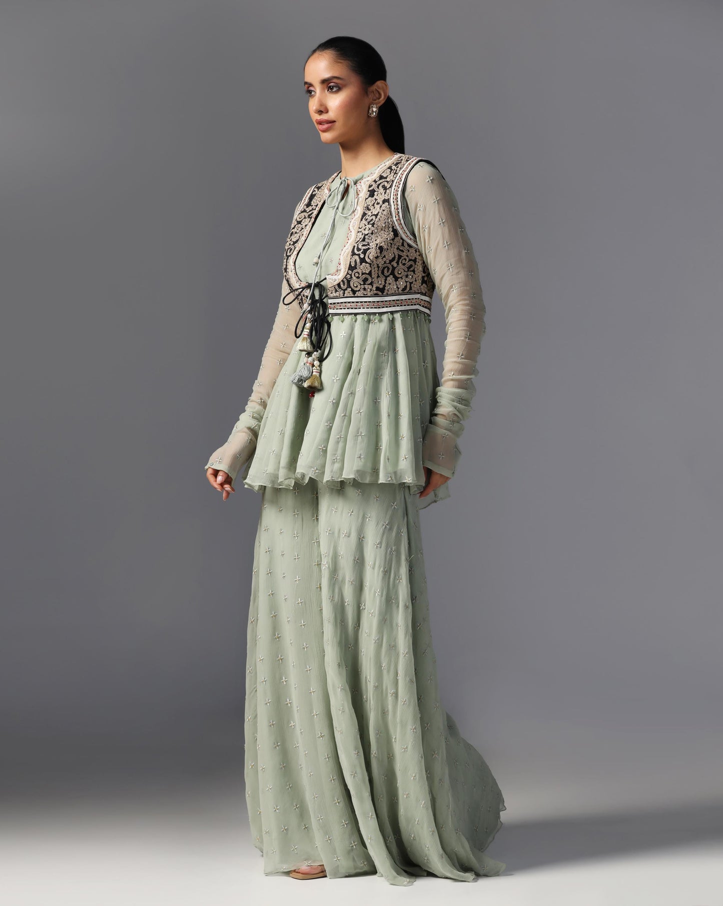 Sage Noir Peplum Sharara Set