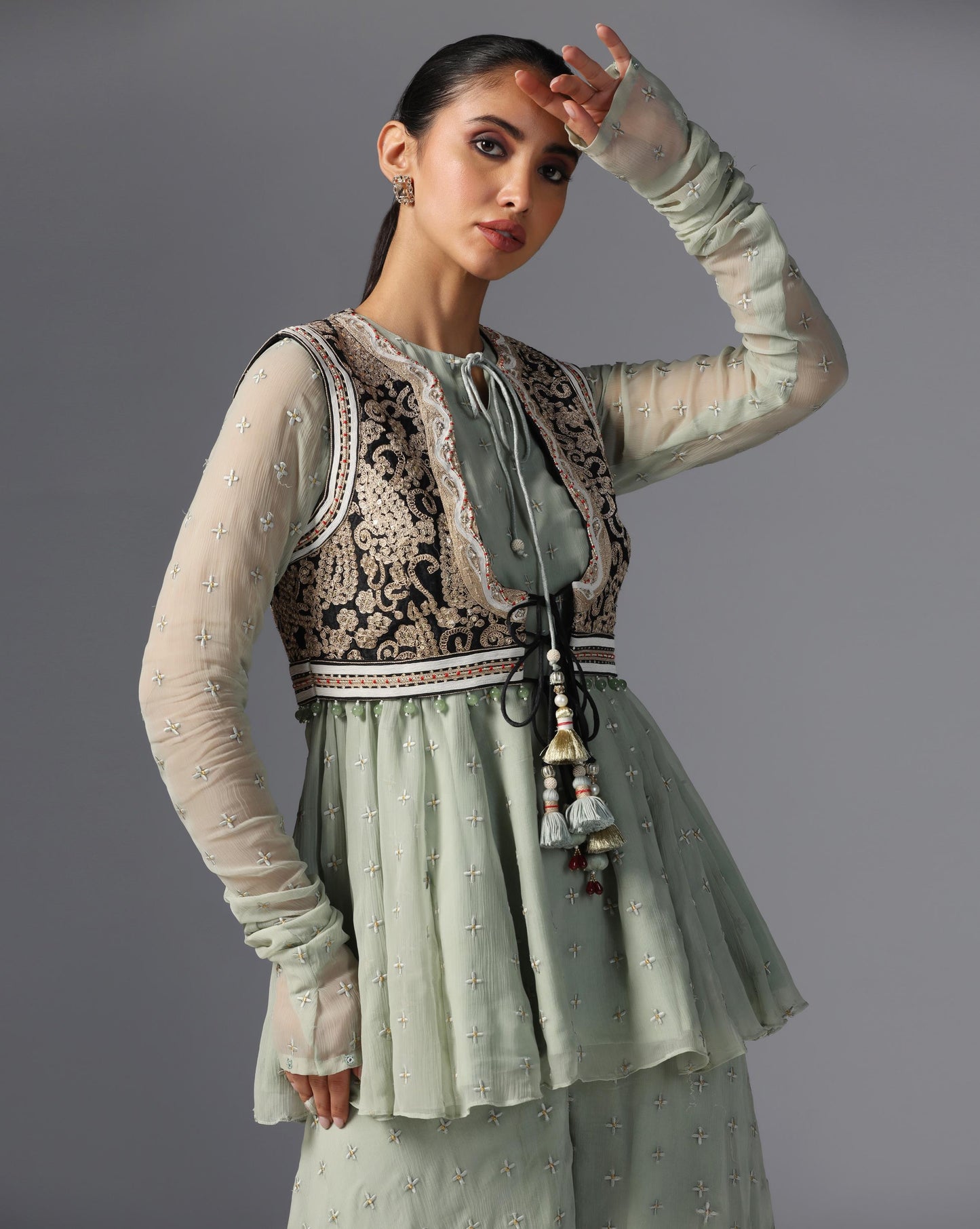 Sage Noir Peplum Sharara Set