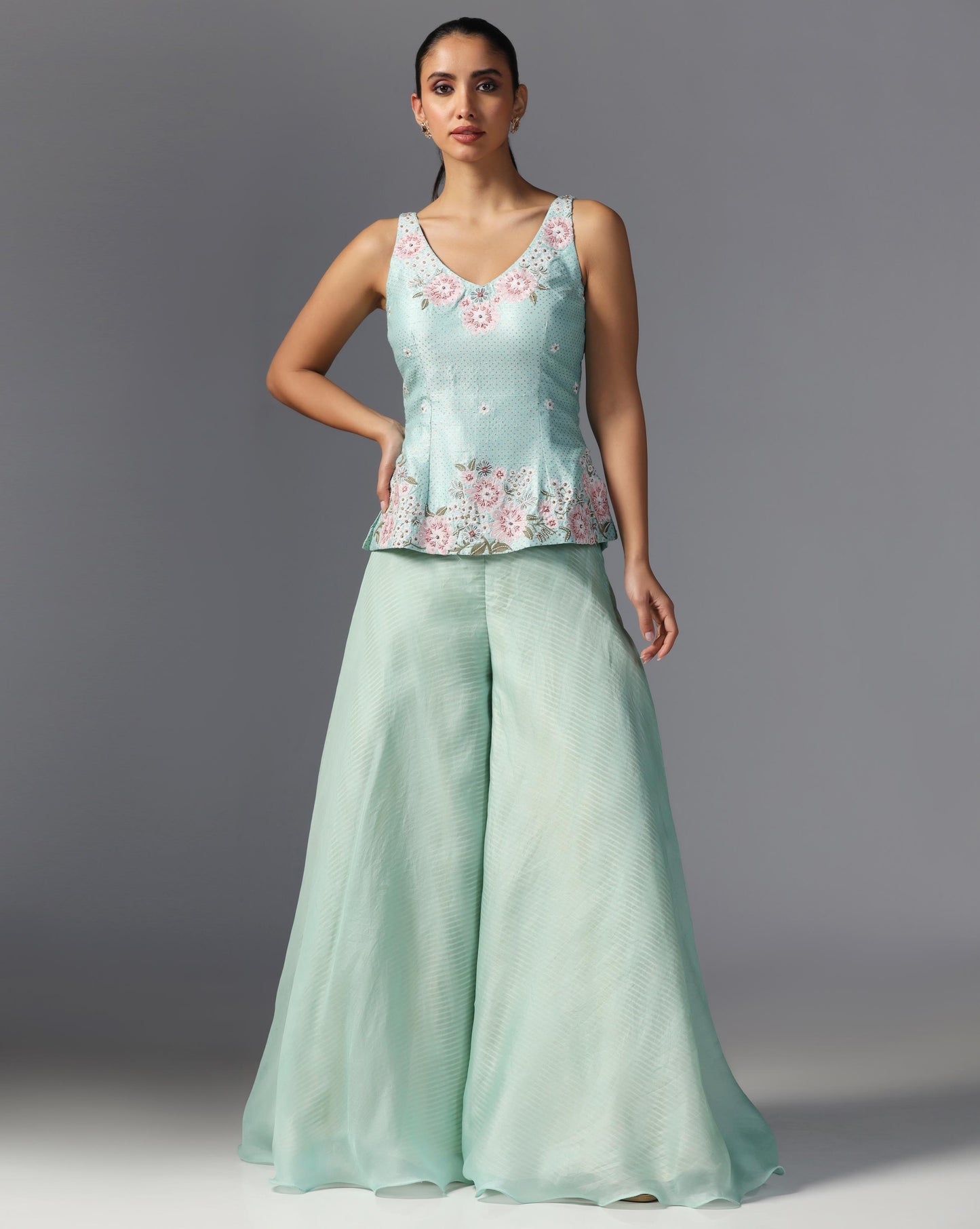 Aqua Bloom Embroidered Peplum Set
