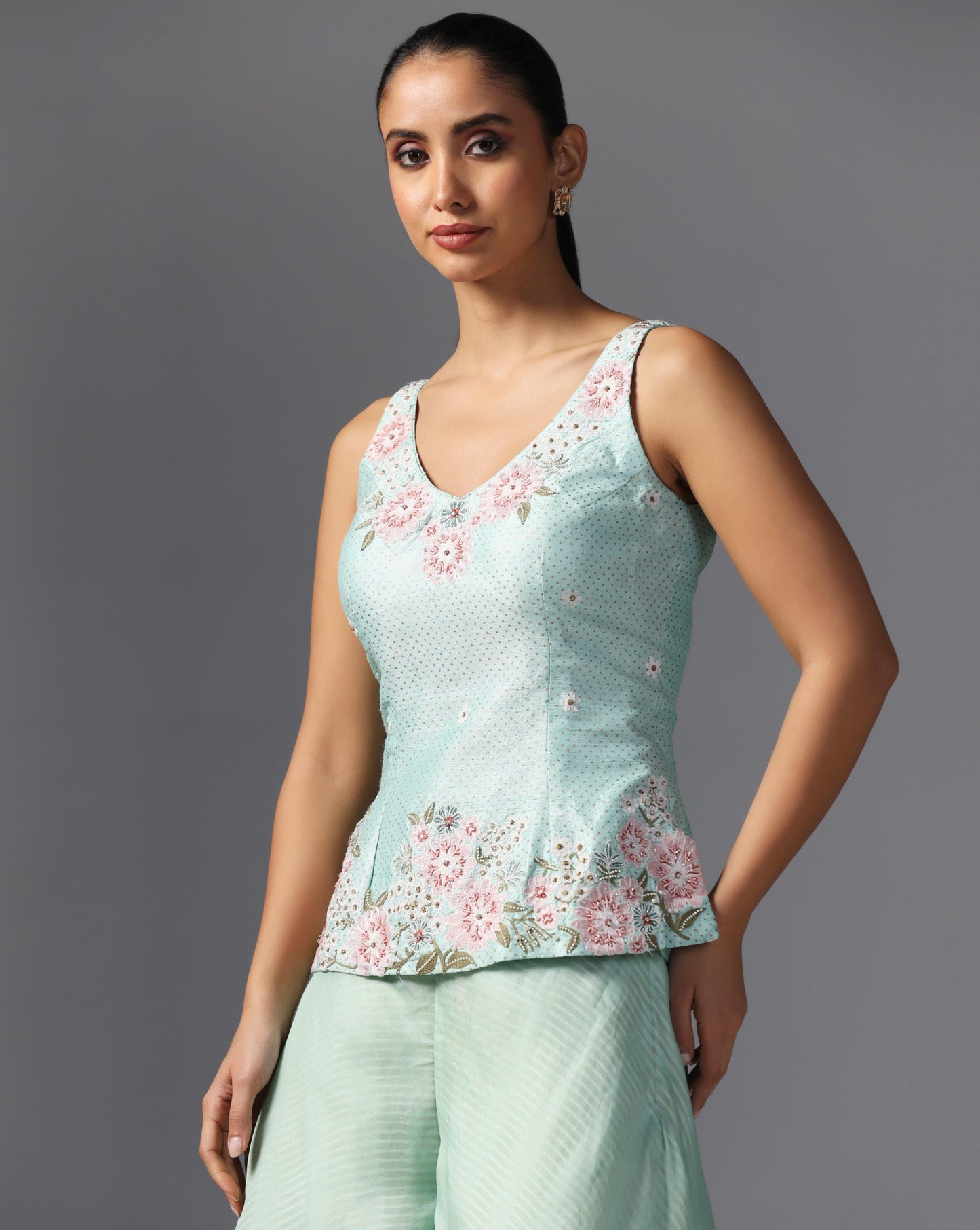 Aqua Bloom Embroidered Peplum Set