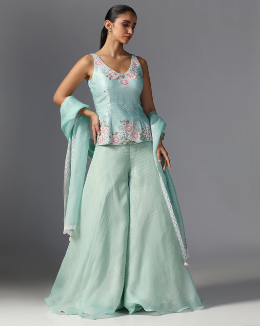 Aqua Bloom Embroidered Peplum Set