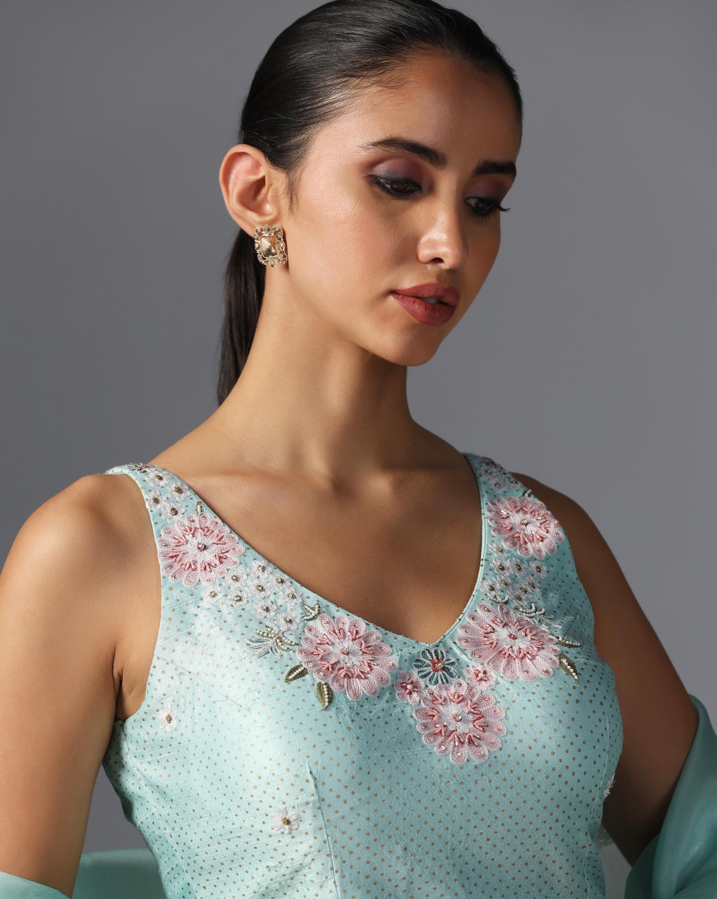Aqua Bloom Embroidered Peplum Set