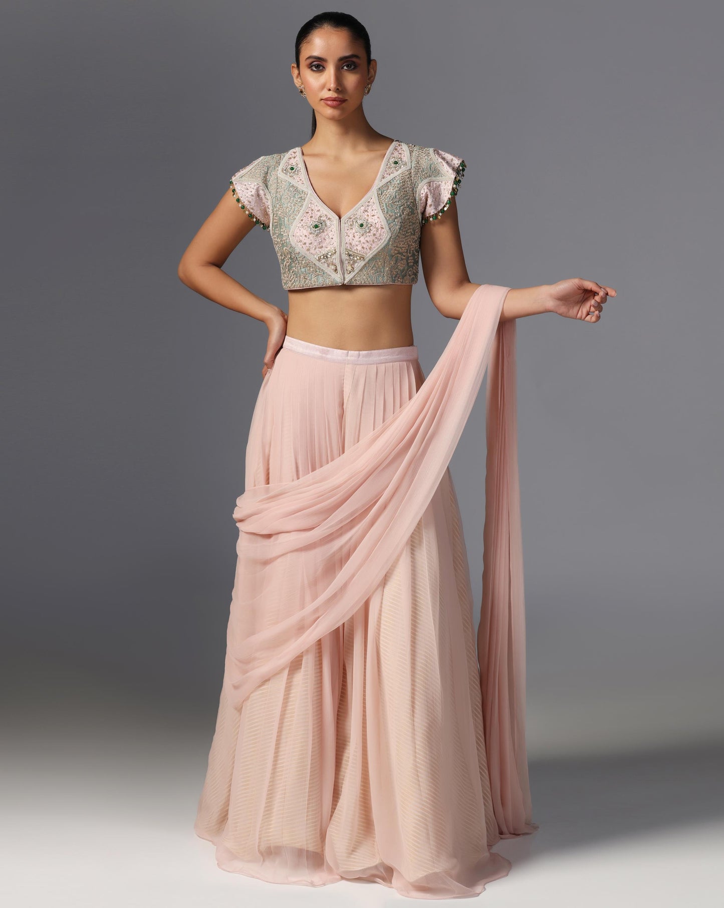 Blush Mist Embroidered Drape Lehenga Set