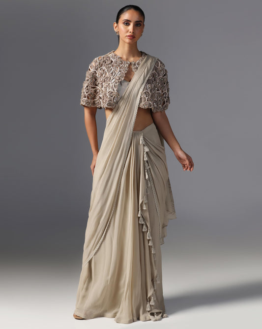 Ivory Enchant Embroidered Cape Saree Set