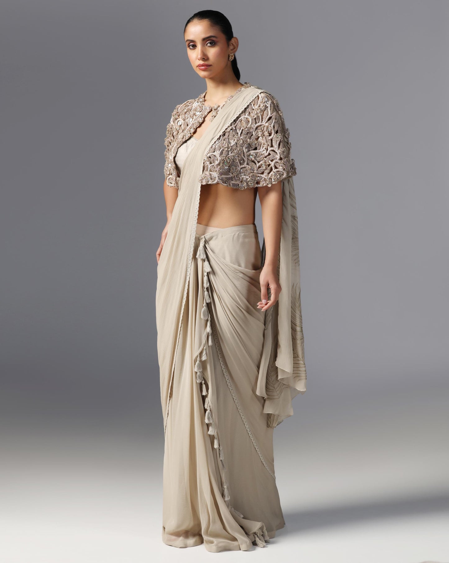 Ivory Enchant Embroidered Cape Saree Set