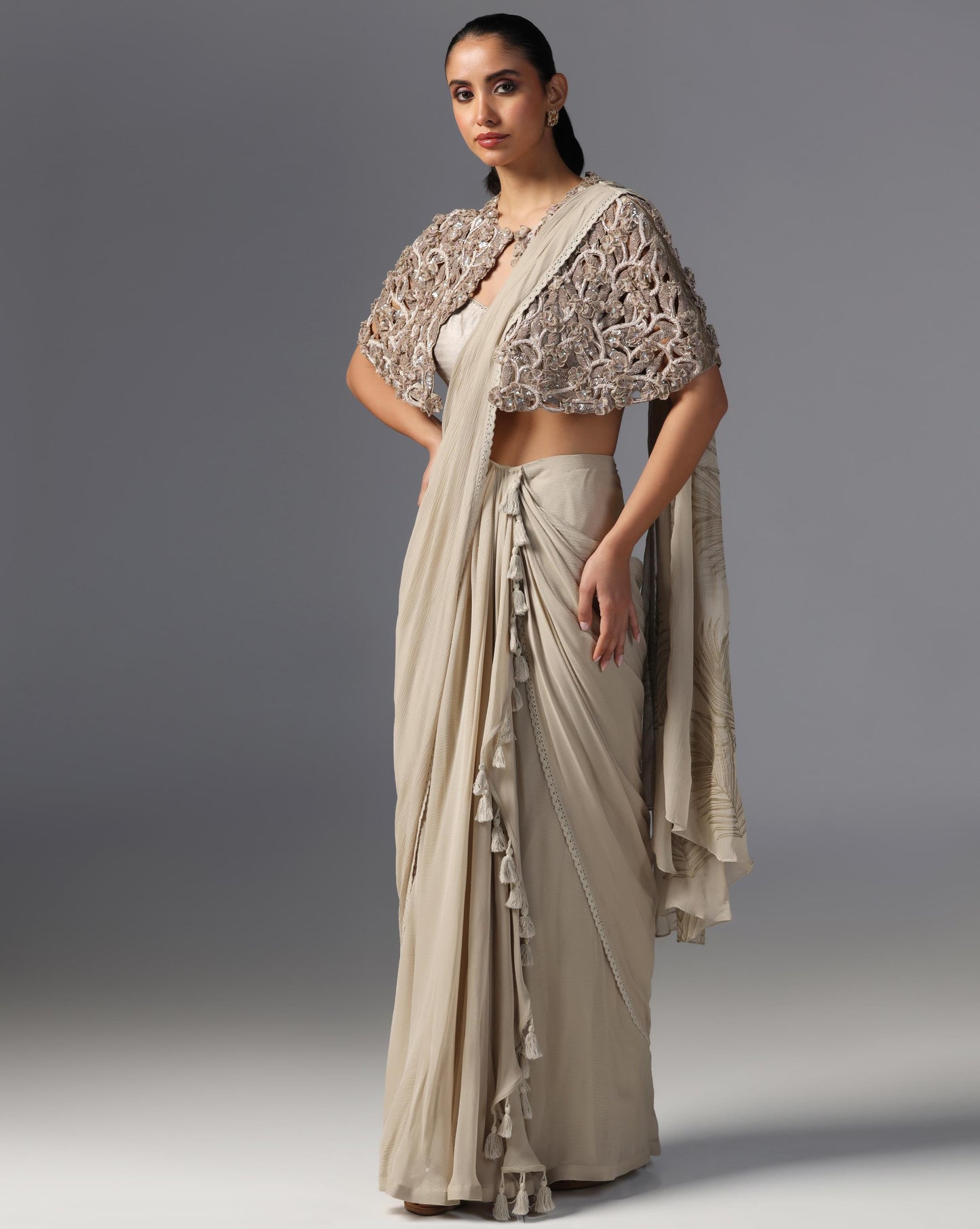 Ivory Enchant Embroidered Cape Saree Set