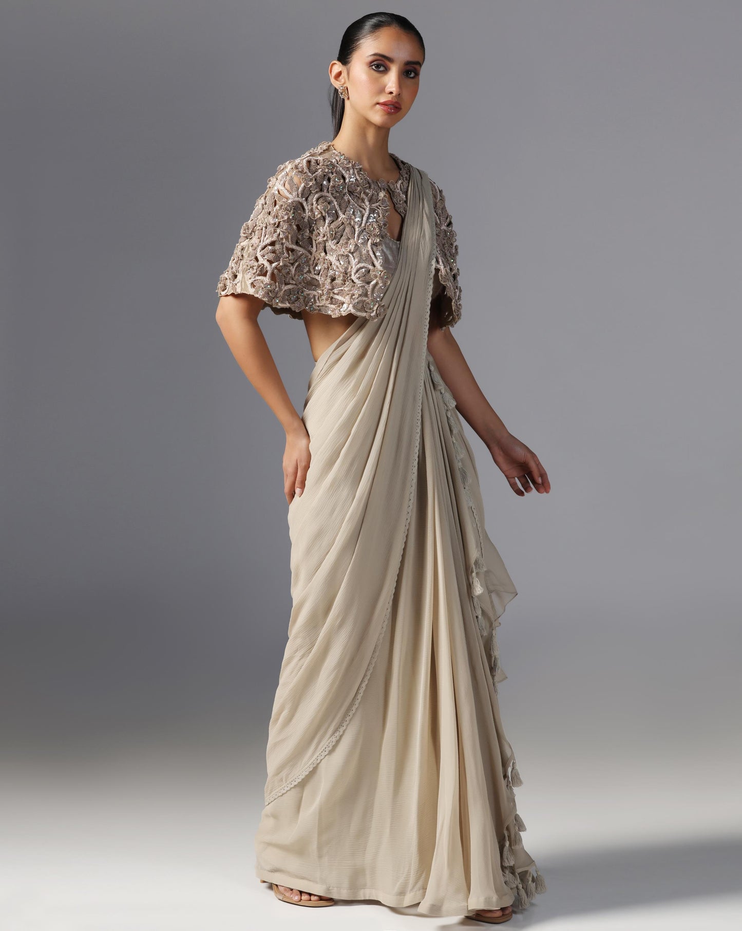 Ivory Enchant Embroidered Cape Saree Set