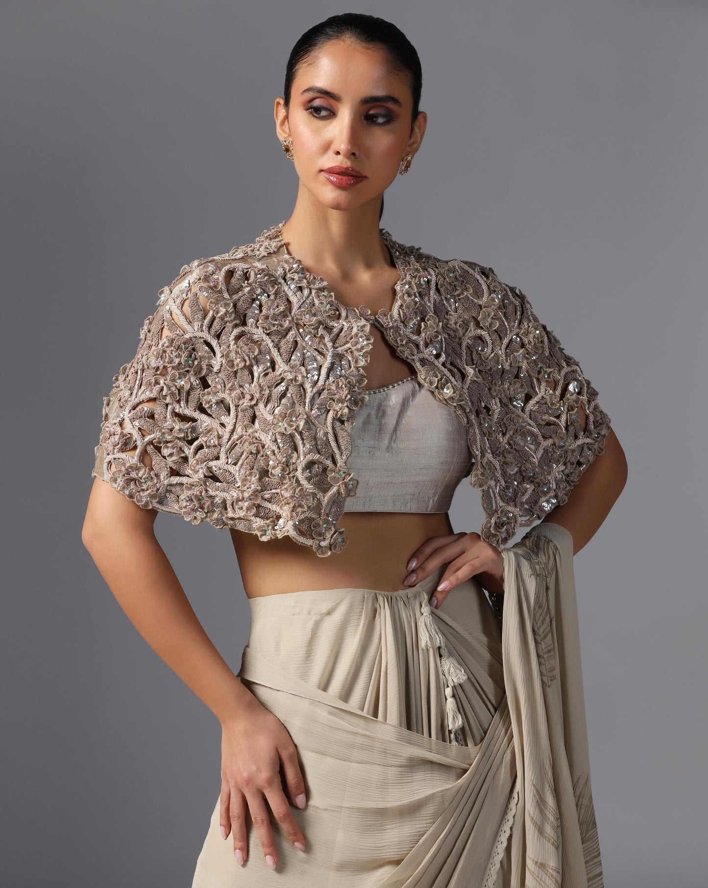 Ivory Enchant Embroidered Cape Saree Set