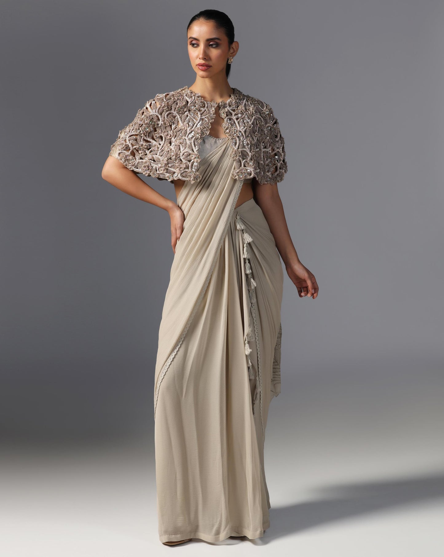 Ivory Enchant Embroidered Cape Saree Set