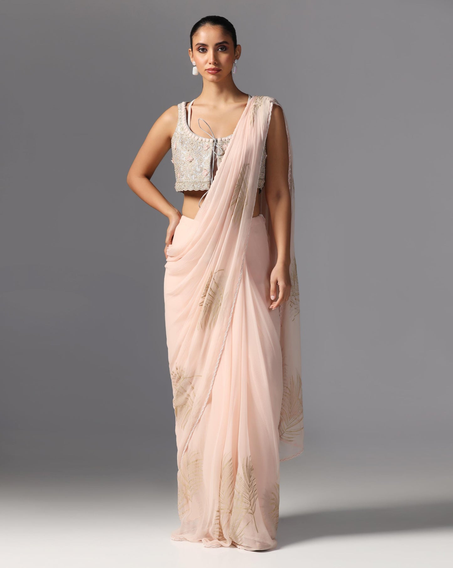 Blush Feather Embroidered Saree Set