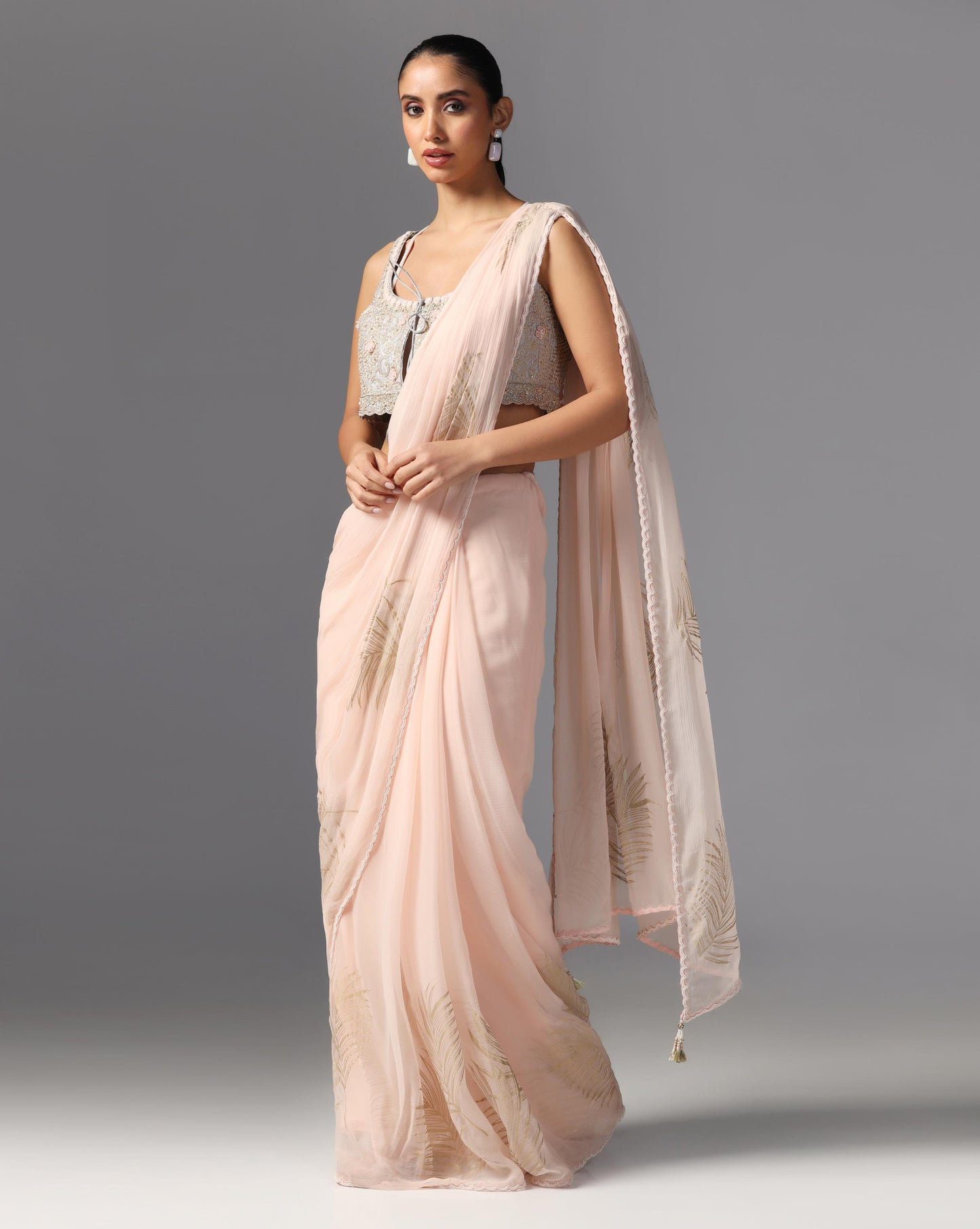 Blush Feather Embroidered Saree Set