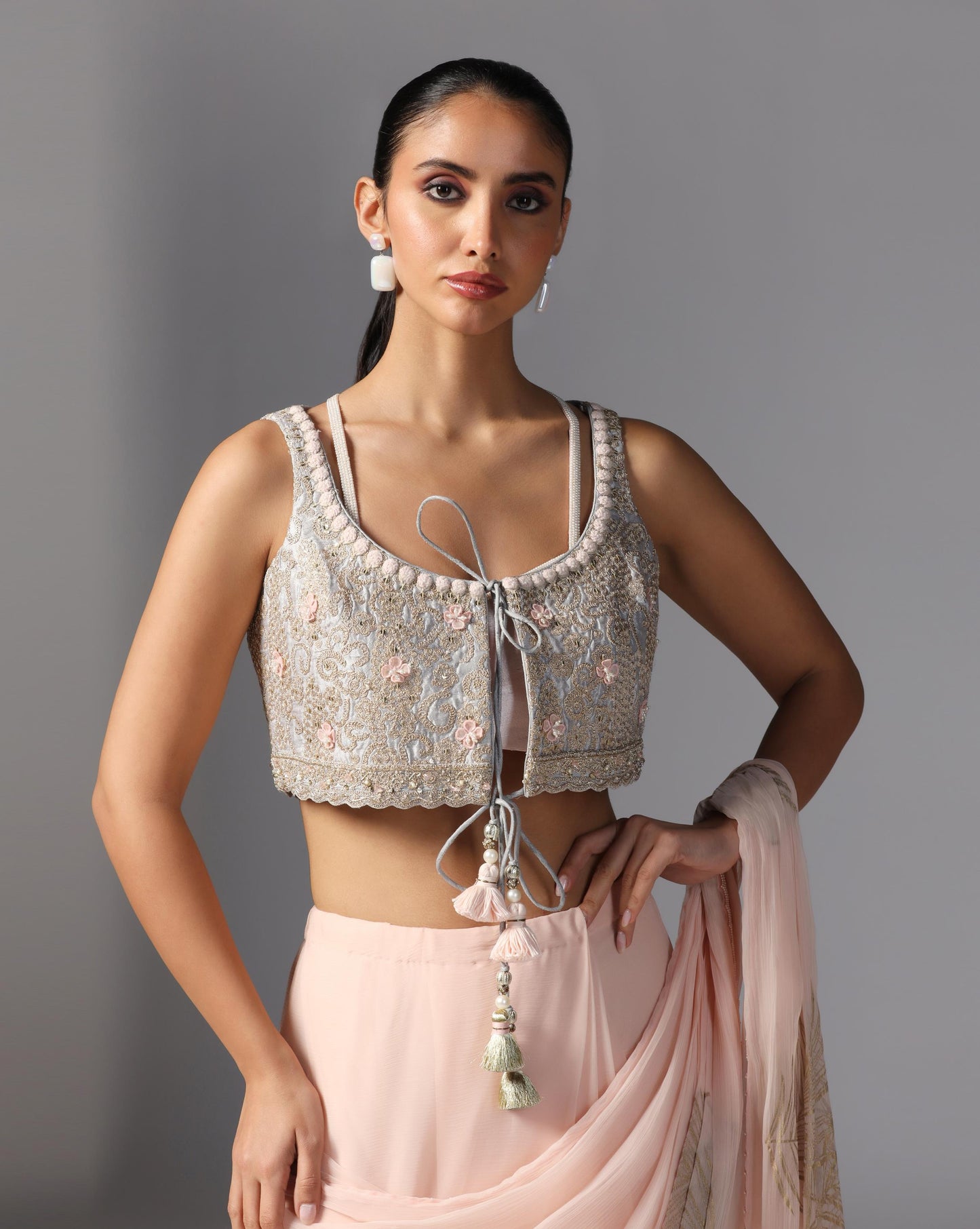 Blush Feather Embroidered Saree Set