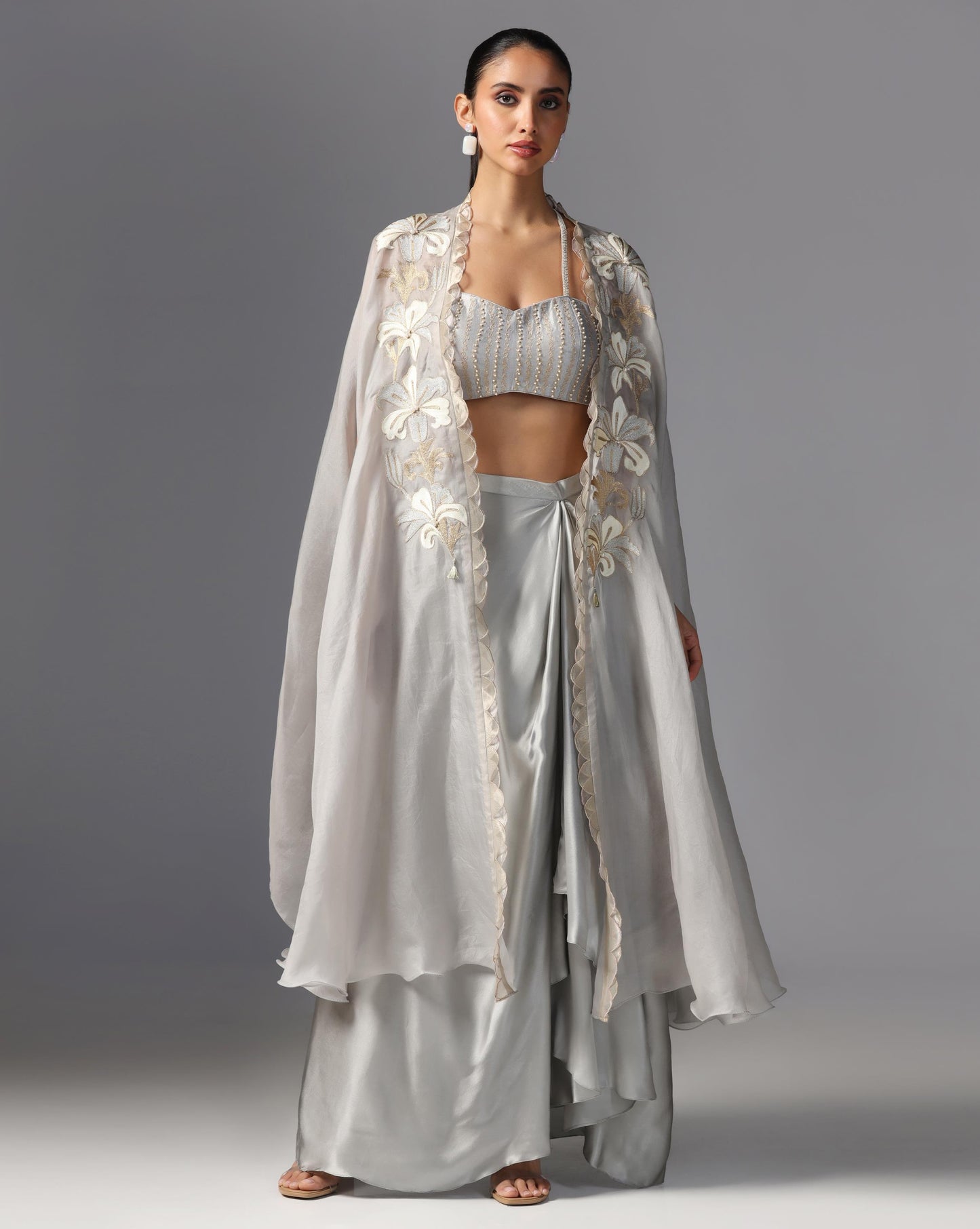 Silver Bloom Embroidered Cape Set