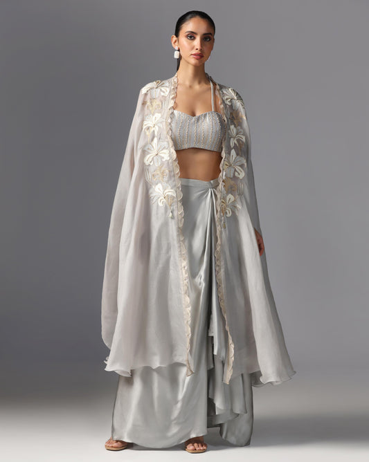 Silver Bloom Embroidered Cape Set